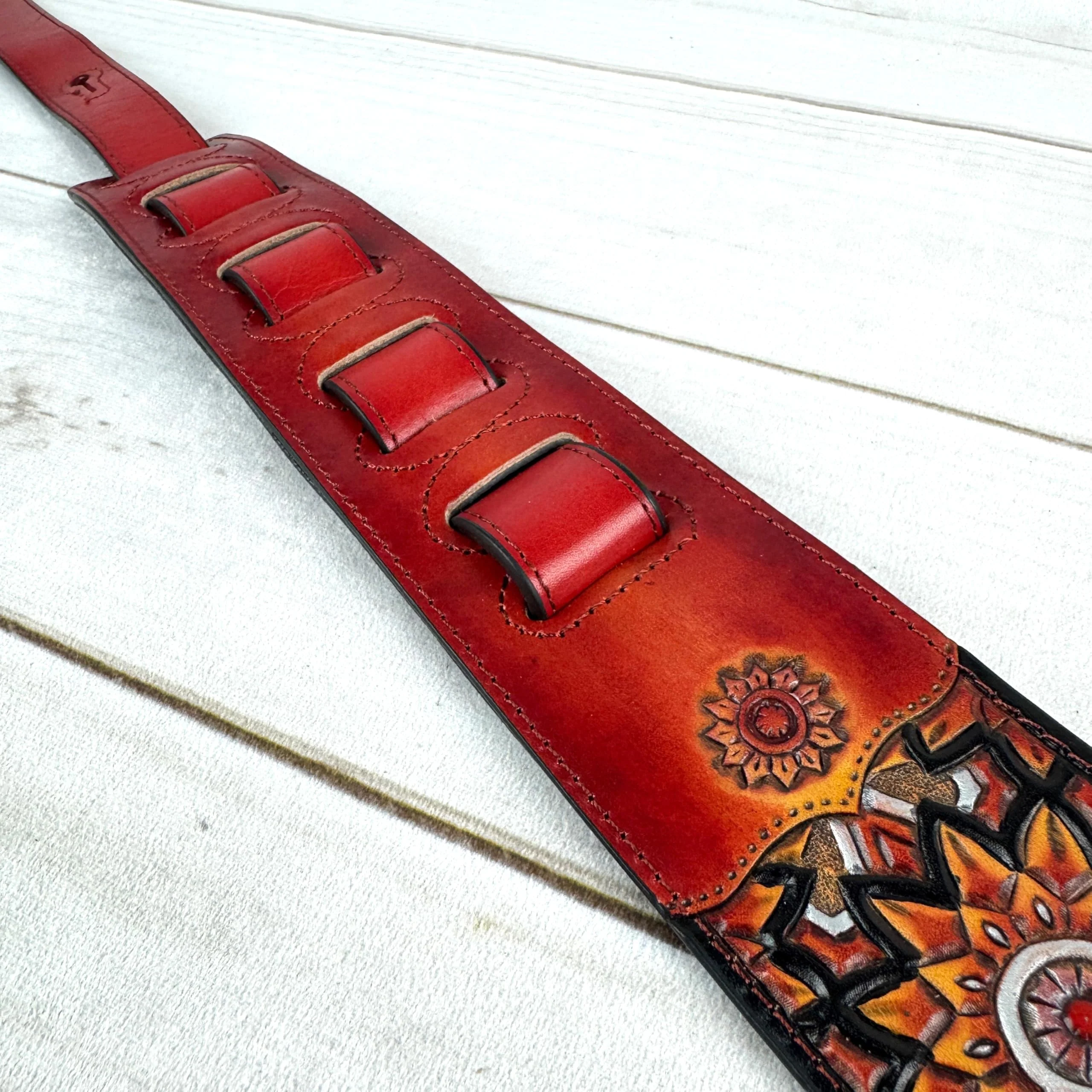 Walker & Williams LIH-3 Cherry Burst Red Hand Carved Premium Leather Guitar Strap With Black Zodiac Star Design And Premium Padded Leather Back For Acoustic, Electric, And Bass Guitars - Image 8