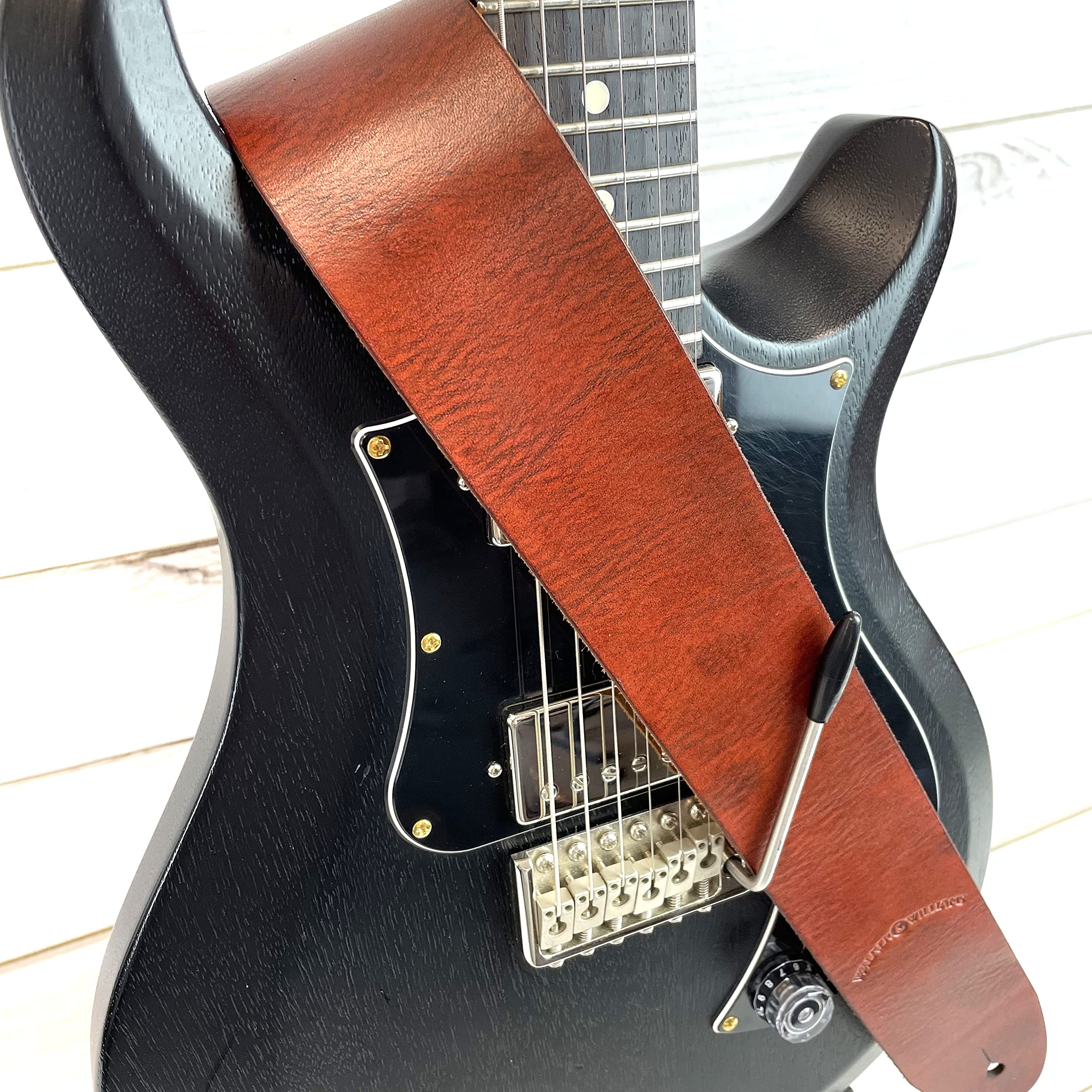 Walker & Williams S-02 Heavy Textured Whiskey Brown Full Grain Extra Thick Soft Italian Leather Rugged Finish Guitar Strap For Acoustic, Electric, And Bass Guitars - Image 4