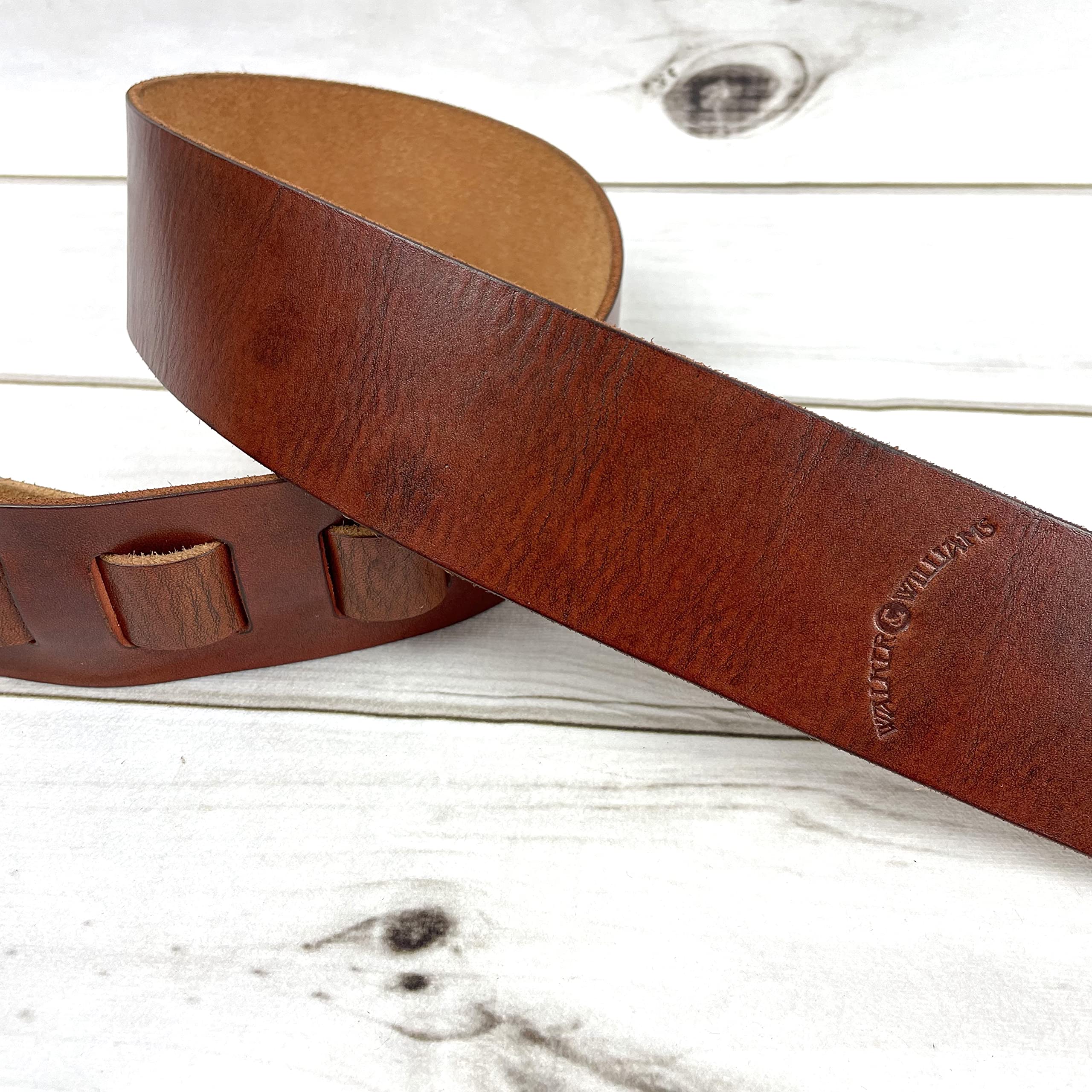 Walker & Williams S-02 Heavy Textured Whiskey Brown Full Grain Extra Thick Soft Italian Leather Rugged Finish Guitar Strap For Acoustic, Electric, And Bass Guitars - Image 5