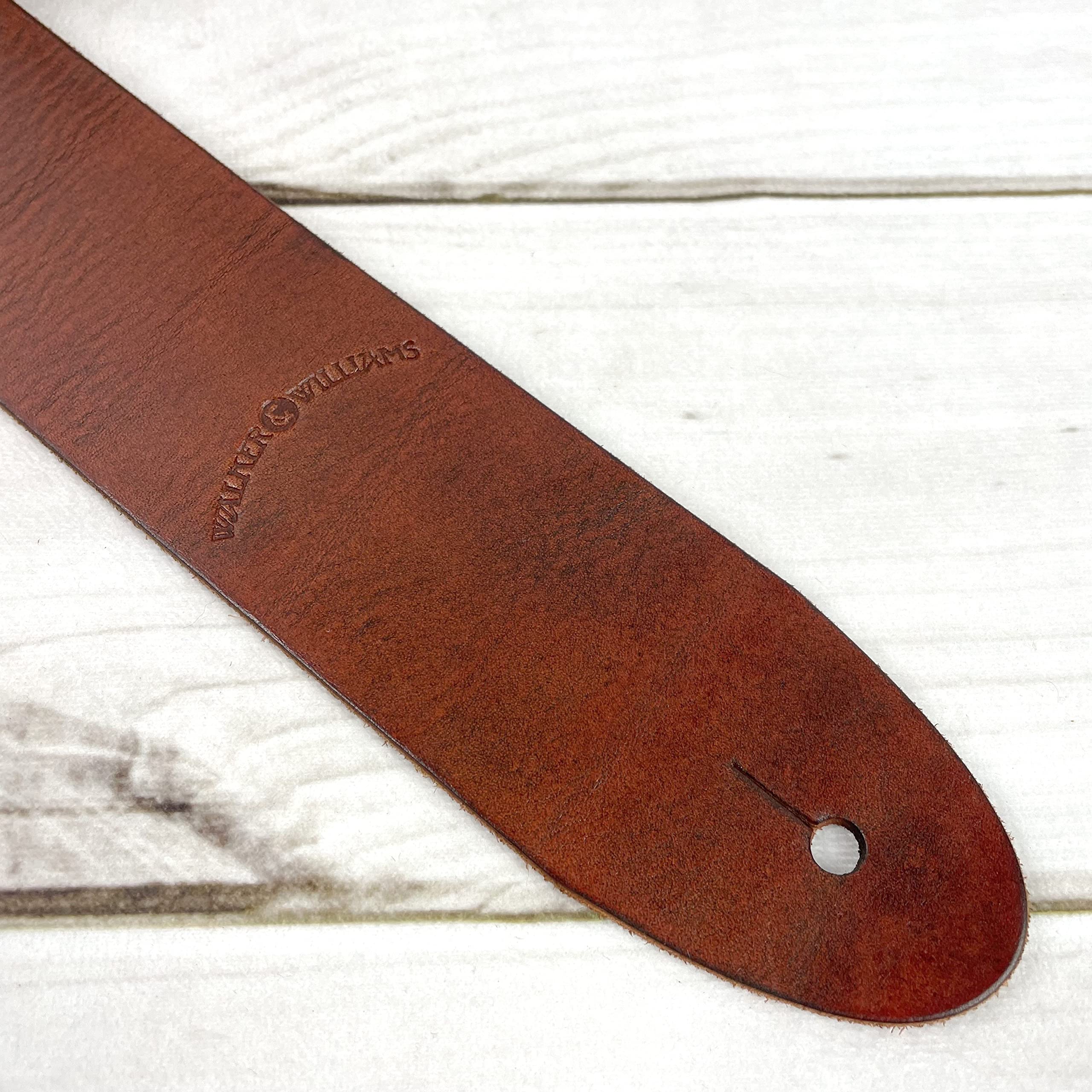 Walker & Williams S-02 Heavy Textured Whiskey Brown Full Grain Extra Thick Soft Italian Leather Rugged Finish Guitar Strap For Acoustic, Electric, And Bass Guitars - Image 9