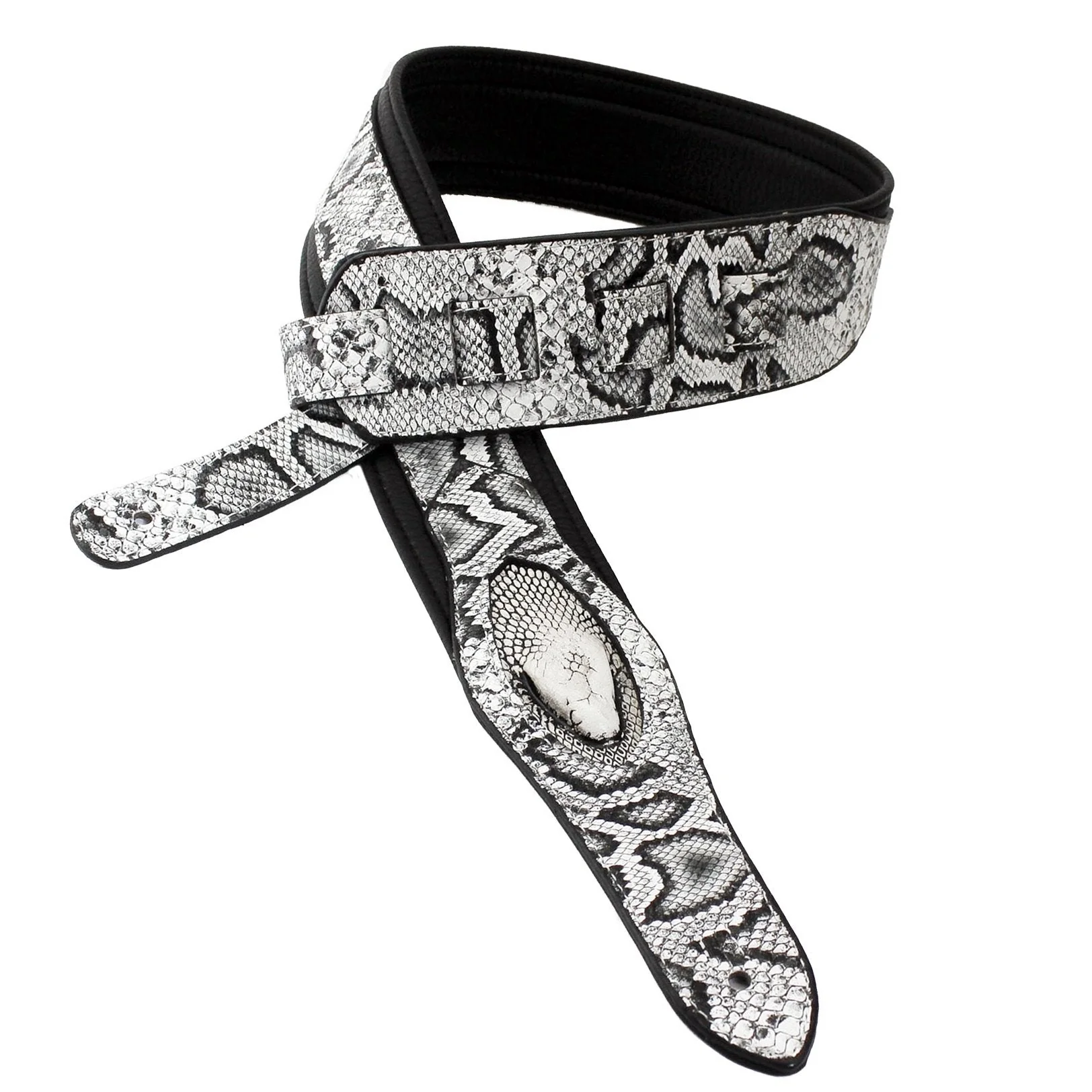 Walker & Williams SF-03 White & Black Textured Snake Pattern Guitar Strap with Snakehead - Image 5