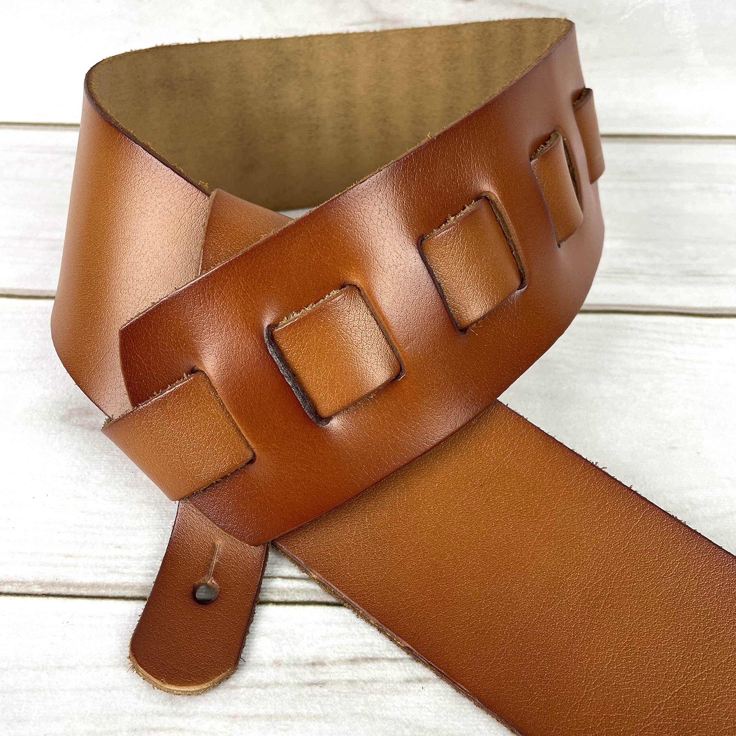 Walker & Williams SL-316 Premium Extra Wide 3" Saddle Tan Full Grain Leather Natural Finish Guitar Strap For Acoustic, Electric, And Bass Guitars - Image 3