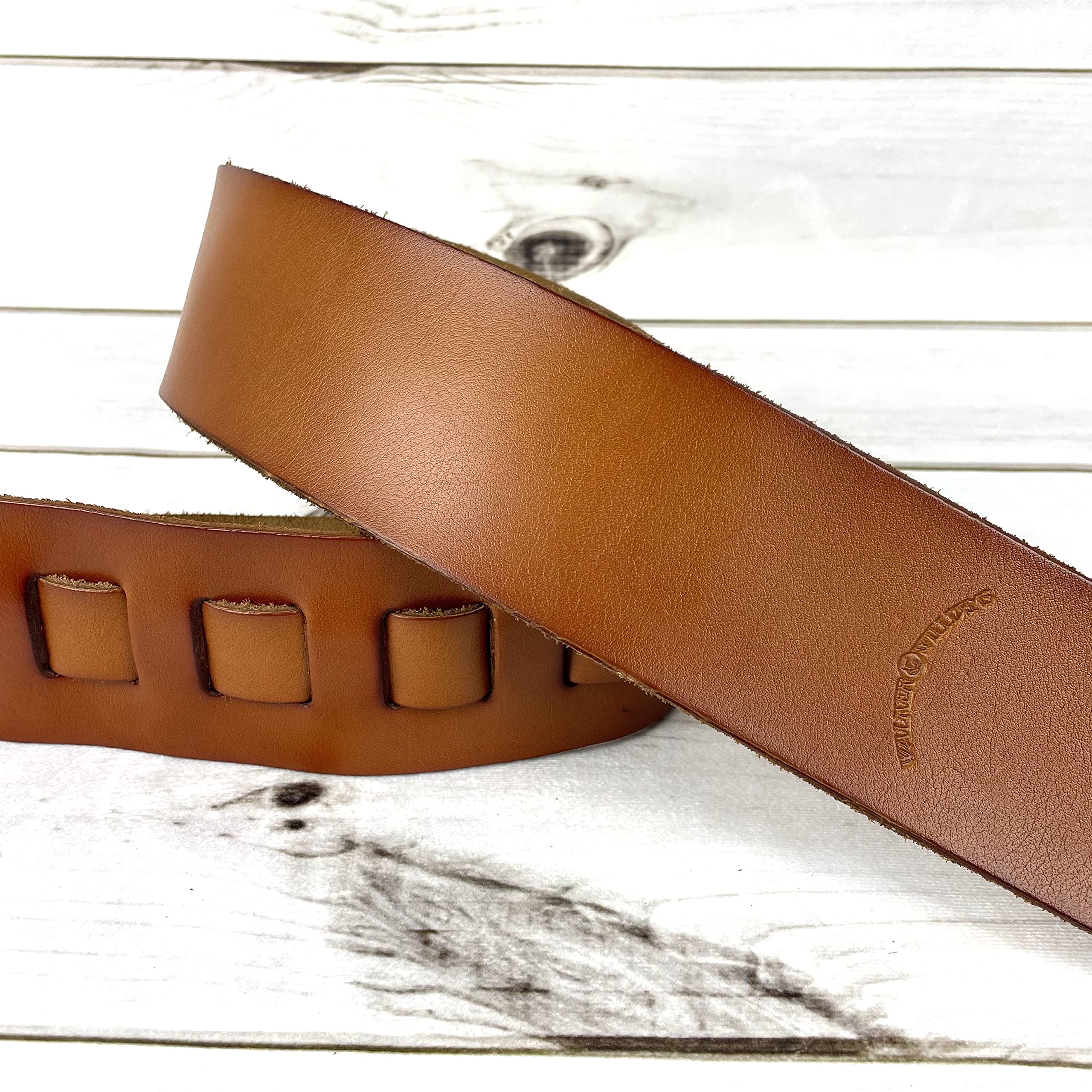 Walker & Williams SL-316 Premium Extra Wide 3" Saddle Tan Full Grain Leather Natural Finish Guitar Strap For Acoustic, Electric, And Bass Guitars - Image 4