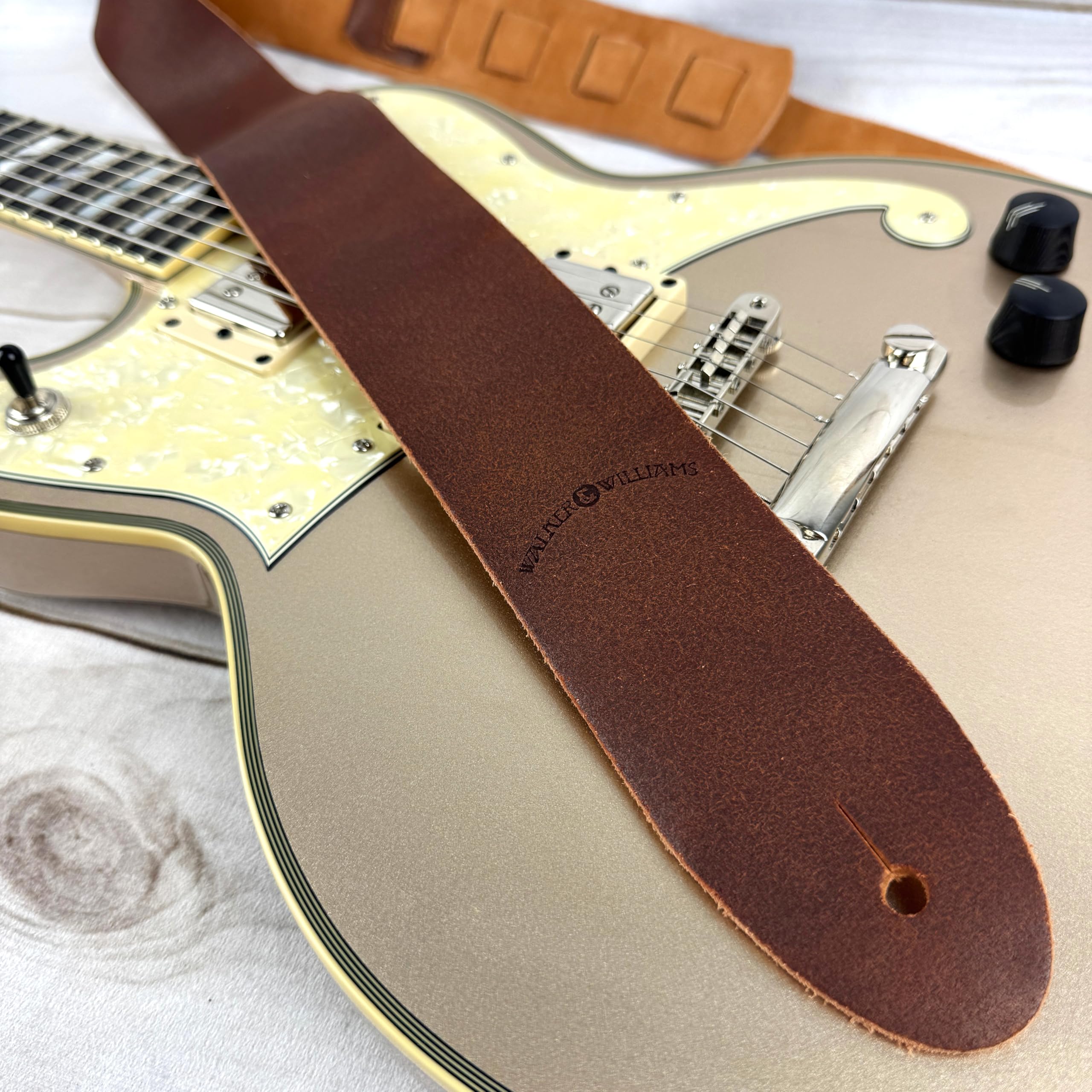 Walker & Williams STR-07 Distressed Brown “Bomber Jacket” Finish Italian Leather Guitar Strap For Acoustic, Electric, And Bass Guitars - Image 4