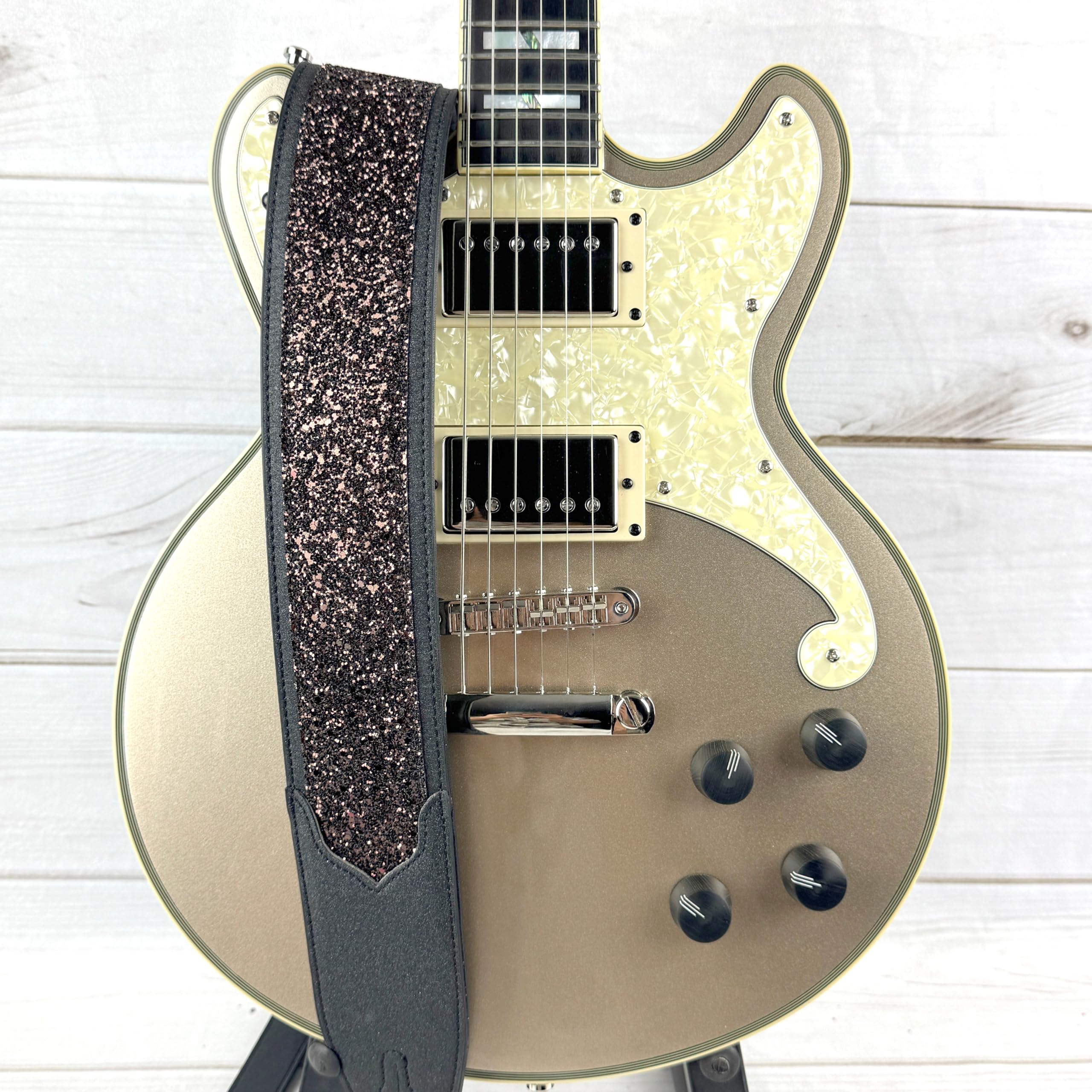 Walker & Williams WW-GL-109 Cary Black Copper Super Sparkle Glitter Bomb Padded Guitar Strap Glove Leather Back For Acoustic, Electric, And Bass Guitars - Image 3