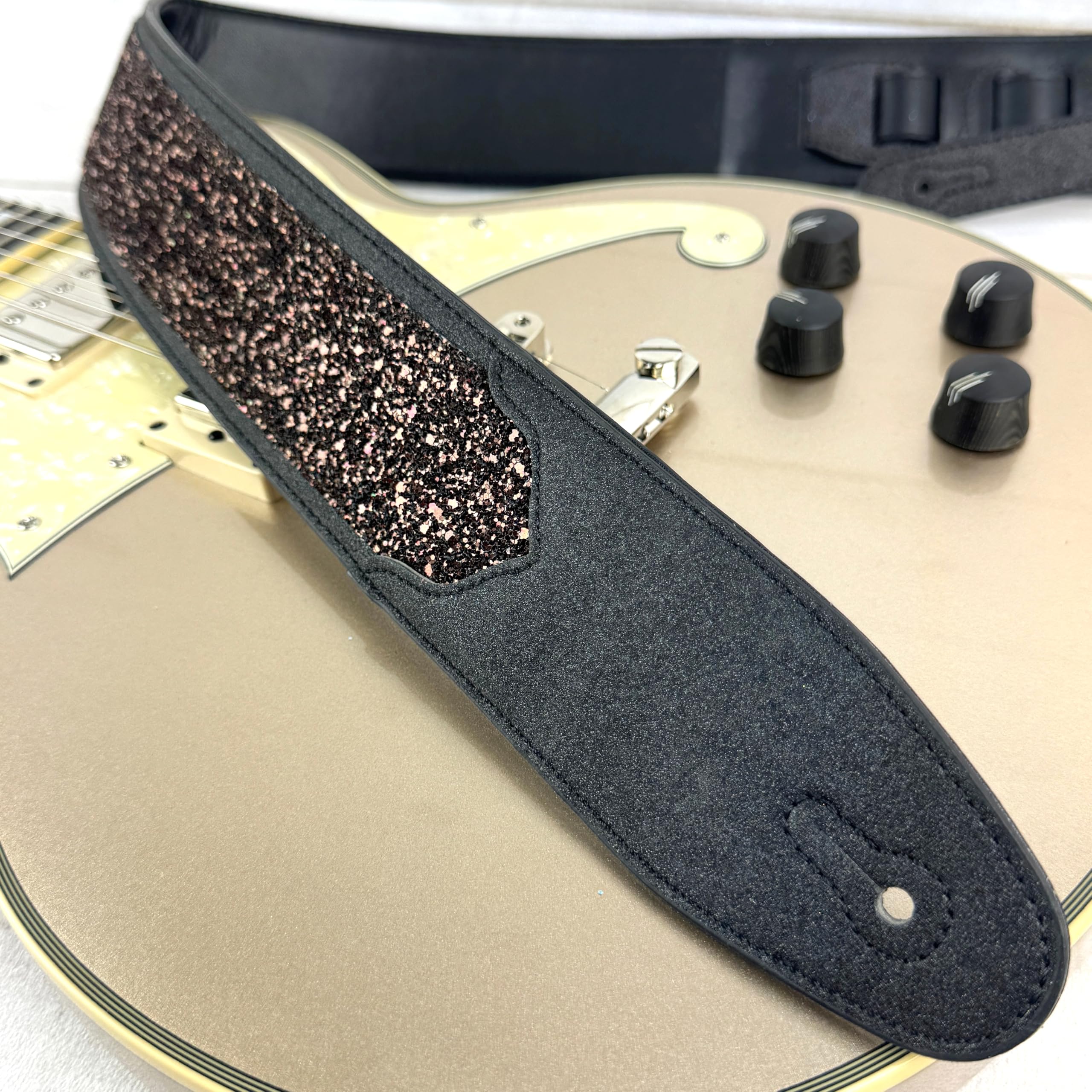 Walker & Williams WW-GL-109 Cary Black Copper Super Sparkle Glitter Bomb Padded Guitar Strap Glove Leather Back For Acoustic, Electric, And Bass Guitars - Image 4