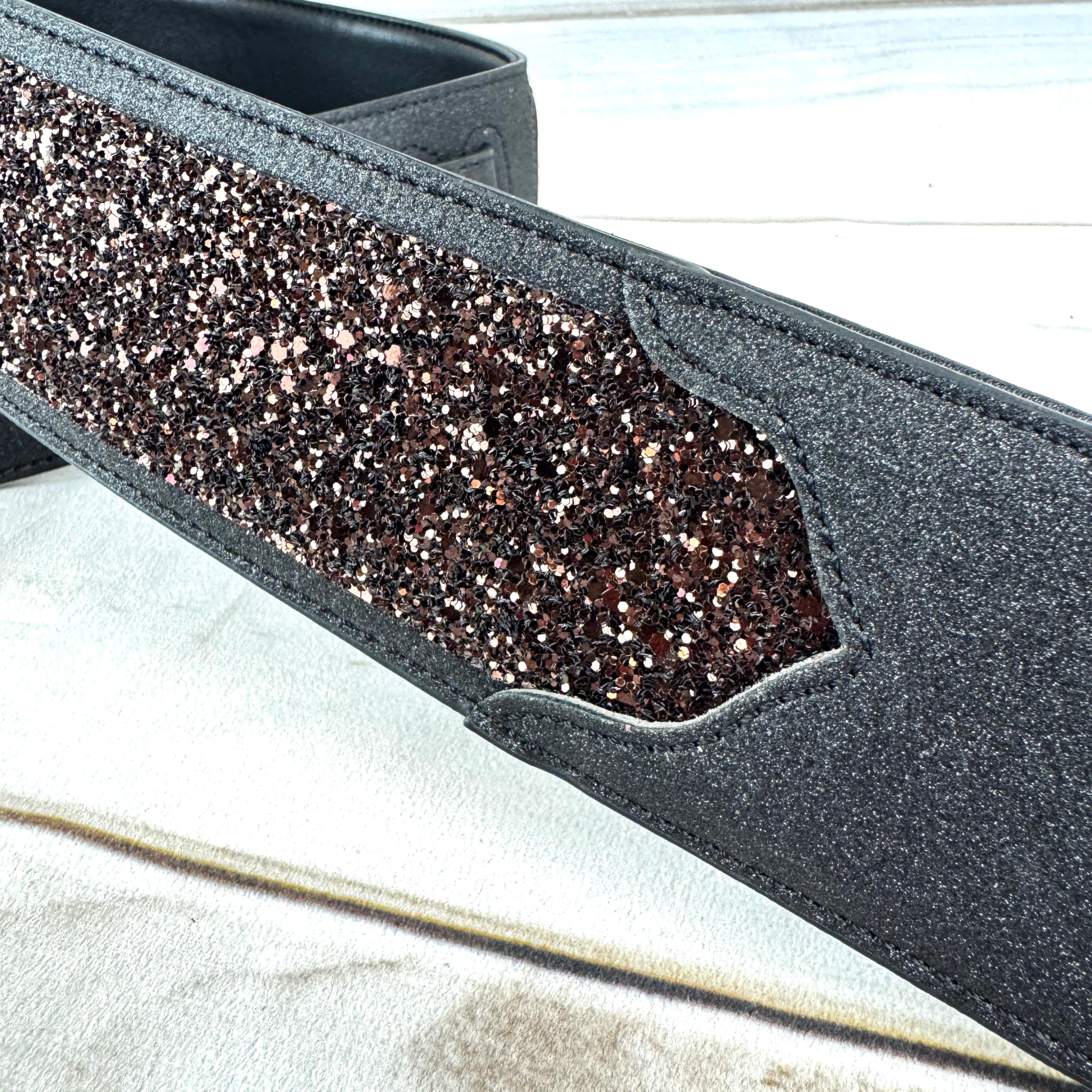 Walker & Williams WW-GL-109 Cary Black Copper Super Sparkle Glitter Bomb Padded Guitar Strap Glove Leather Back For Acoustic, Electric, And Bass Guitars - Image 5