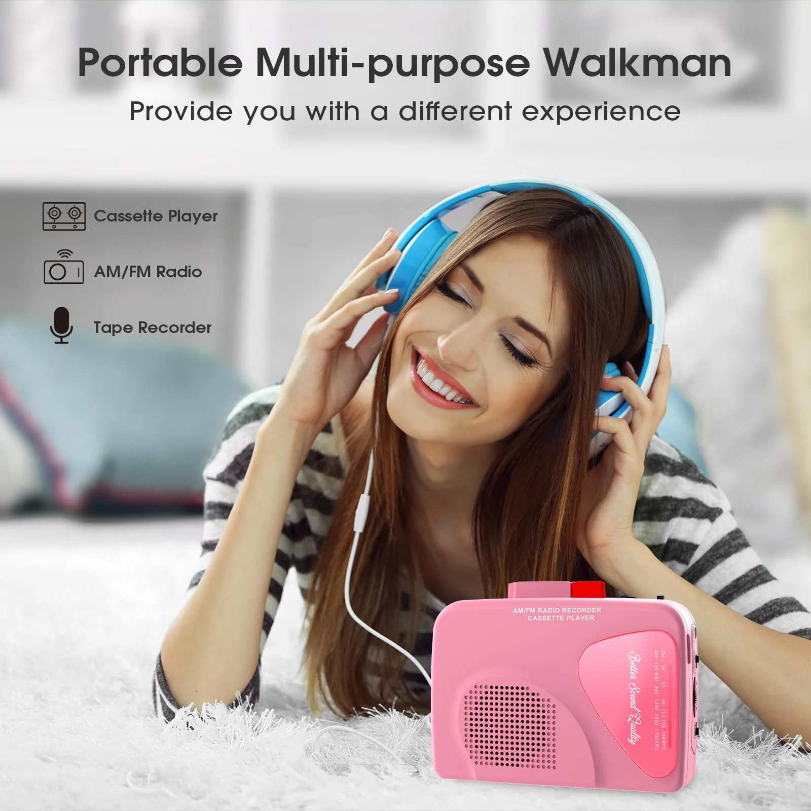 Walkman Cassette Players Recorders AM/FM Radio, Portable Tape Player Records to Tape Built in Speakers Manual Record - 2AA Battery Or DC 5V Supply with 3.5MM Earphone- Pink - Image 2