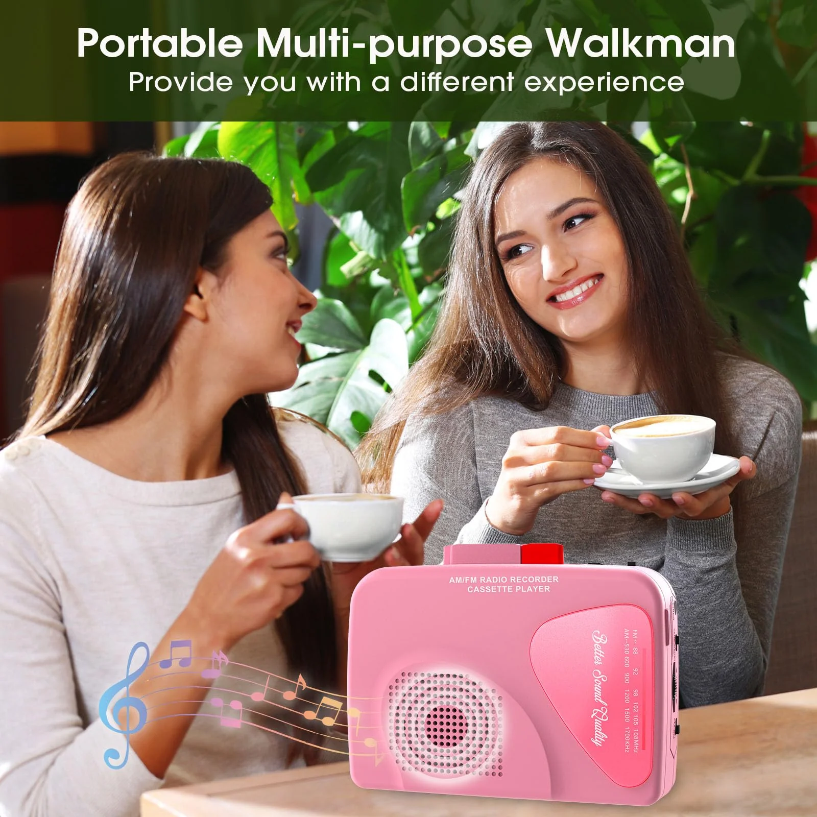 Walkman Cassette Players Recorders AM/FM Radio, Portable Tape Player Records to Tape Built in Speakers Manual Record - 2AA Battery Or DC 5V Supply with 3.5MM Earphone- Pink - Image 3