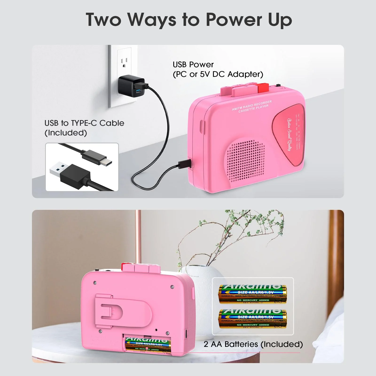 Walkman Cassette Players Recorders AM/FM Radio, Portable Tape Player Records to Tape Built in Speakers Manual Record - 2AA Battery Or DC 5V Supply with 3.5MM Earphone- Pink - Image 5
