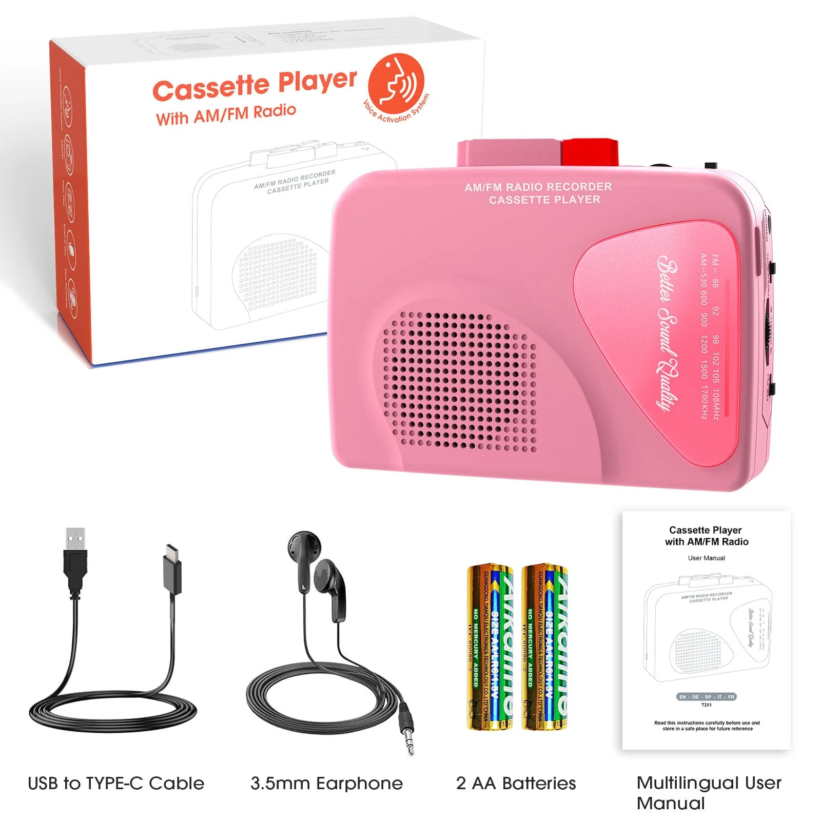 Walkman Cassette Players Recorders AM/FM Radio, Portable Tape Player Records to Tape Built in Speakers Manual Record - 2AA Battery Or DC 5V Supply with 3.5MM Earphone- Pink - Image 7