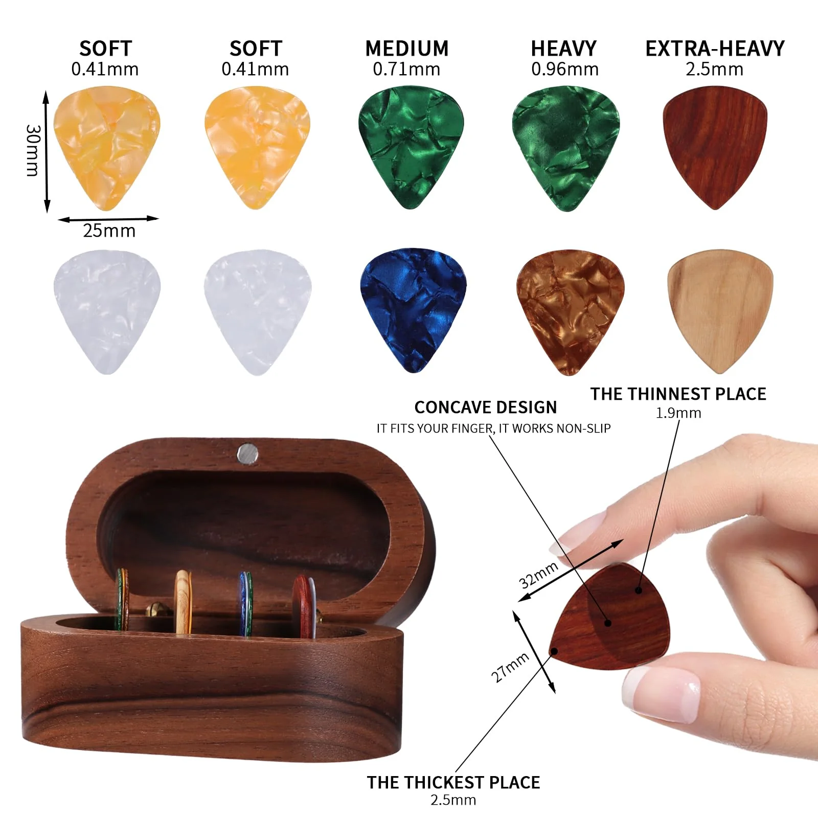 Walnut Guitar Plectrum Holder Set with 2 Color Wood Plectrums and 8 Celluloid Plectrums (4 Thicknesses),Mini Jewelry Box,Brown Wooden Trinkets,Box Size 3.35 * 1.77 * 1.57 inch (brown) brown - Image 2