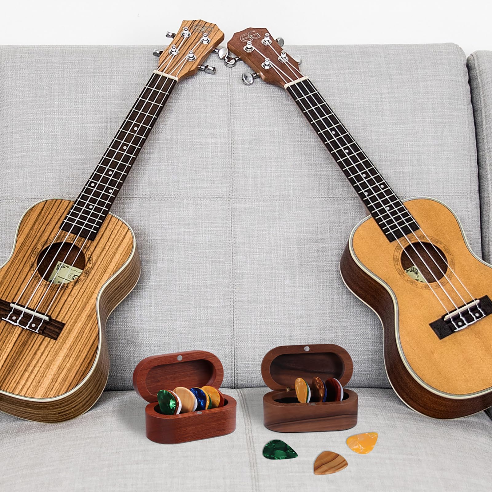 Walnut Guitar Plectrum Holder Set with 2 Color Wood Plectrums and 8 Celluloid Plectrums (4 Thicknesses),Mini Jewelry Box,Brown Wooden Trinkets,Box Size 3.35 * 1.77 * 1.57 inch (brown) brown - Image 4
