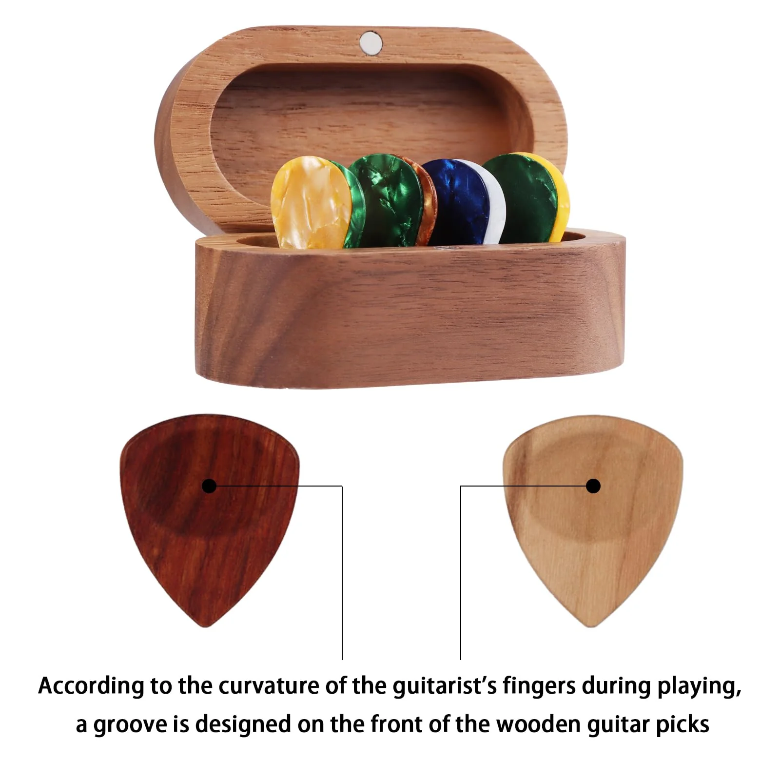 Walnut Guitar Plectrum Holder Set with 2 Color Wood Plectrums and 8 Celluloid Plectrums (4 Thicknesses),Mini Jewelry Box,Brown Wooden Trinkets,Box Size 3.35 * 1.77 * 1.57 inch (brown) brown - Image 5