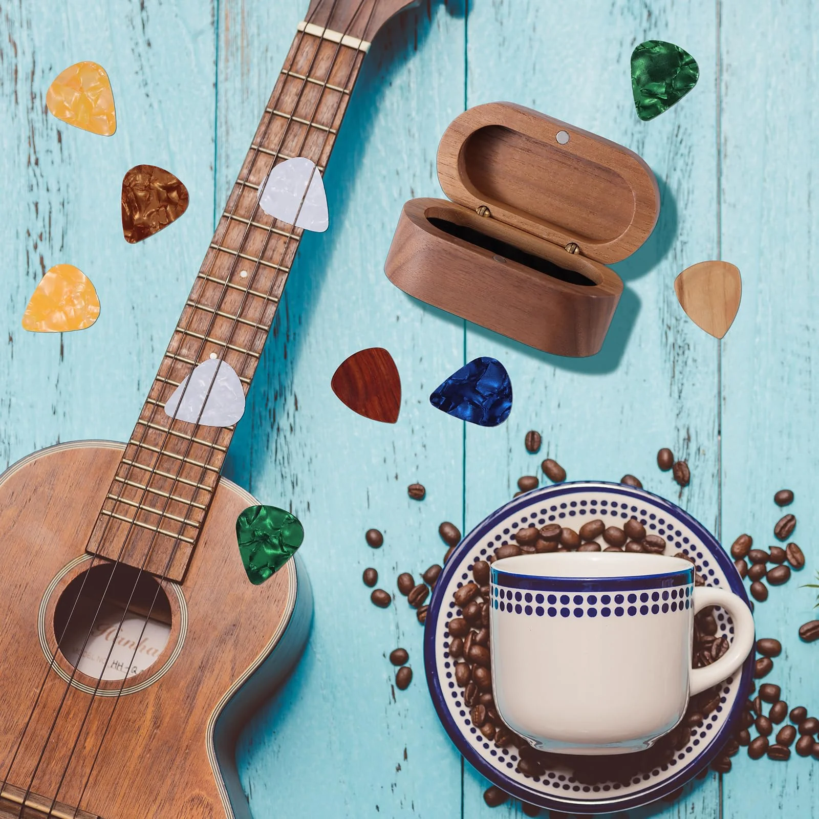 Walnut Guitar Plectrum Holder Set with 2 Color Wood Plectrums and 8 Celluloid Plectrums (4 Thicknesses),Mini Jewelry Box,Brown Wooden Trinkets,Box Size 3.35 * 1.77 * 1.57 inch (brown) brown - Image 6