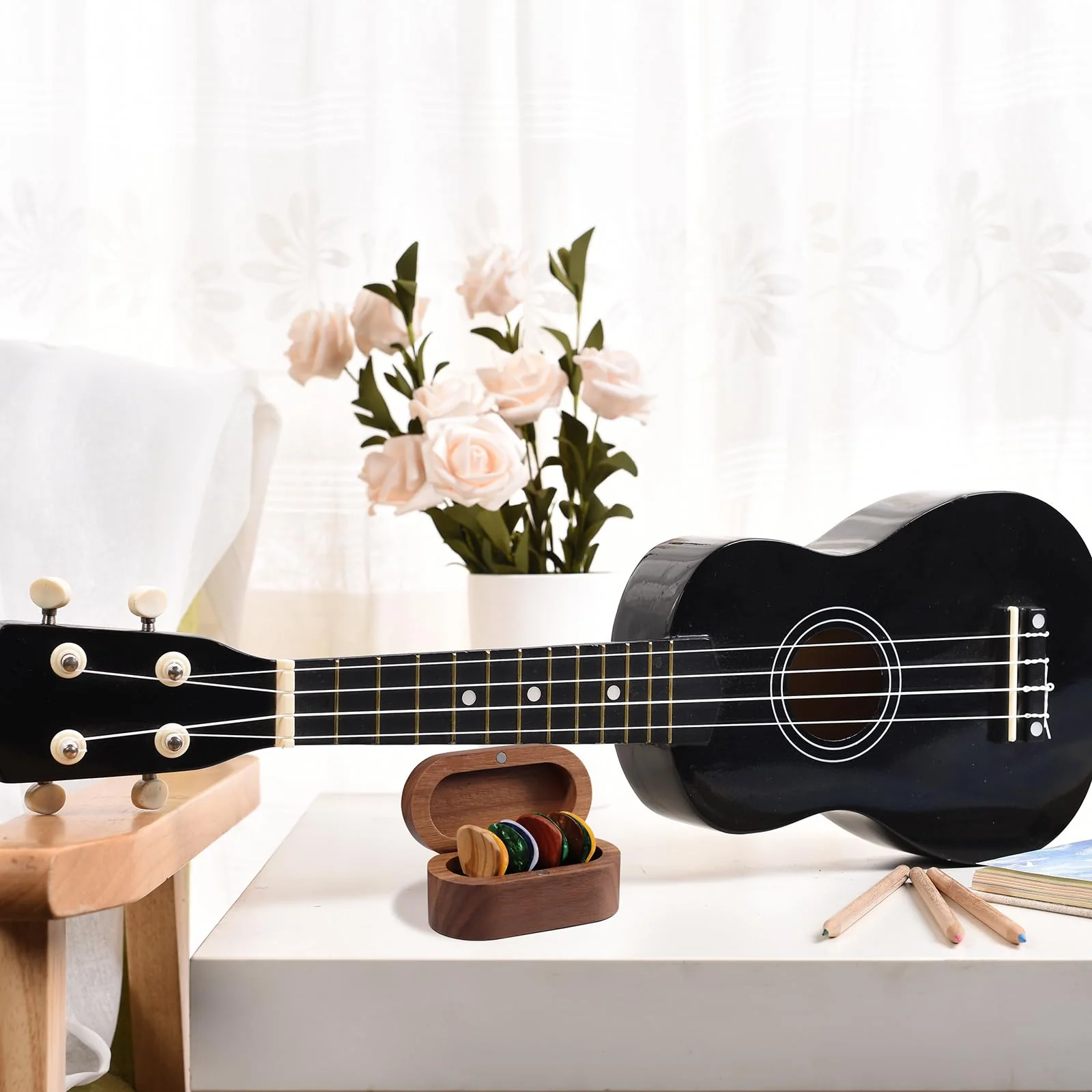 Walnut Guitar Plectrum Holder Set with 2 Color Wood Plectrums and 8 Celluloid Plectrums (4 Thicknesses),Mini Jewelry Box,Brown Wooden Trinkets,Box Size 3.35 * 1.77 * 1.57 inch (brown) brown - Image 7
