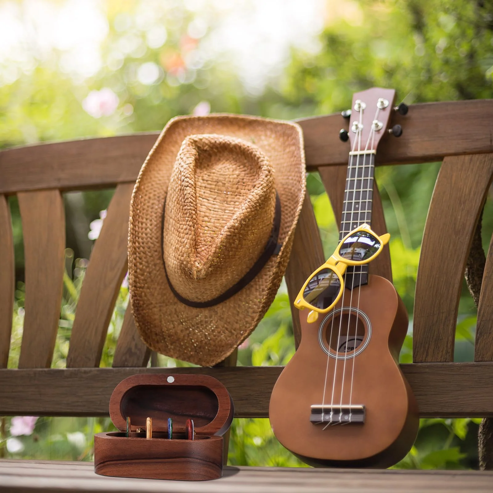 Walnut Guitar Plectrum Holder Set with 2 Color Wood Plectrums and 8 Celluloid Plectrums (4 Thicknesses),Mini Jewelry Box,Brown Wooden Trinkets,Box Size 3.35 * 1.77 * 1.57 inch (brown) brown - Image 8