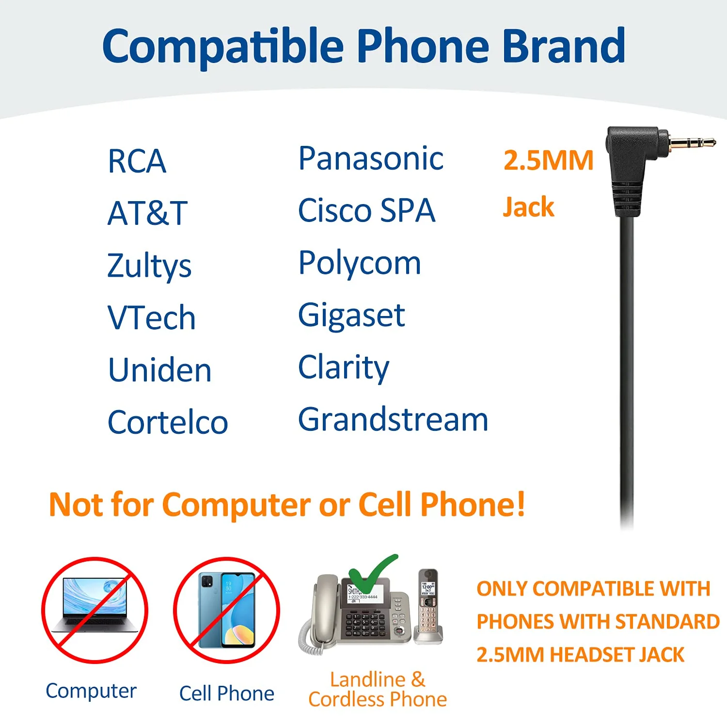 Wantek 2.5mm Telephone Headset with Mic Noise Cancelling, Office Phone Headset Compatible with AT&T ML17929 Panasonic Vtech RCA Uniden Cisco SPA Grandstream Polycom Cordless Dect Phones(F600J25) Monaural F600J25 - Image 2