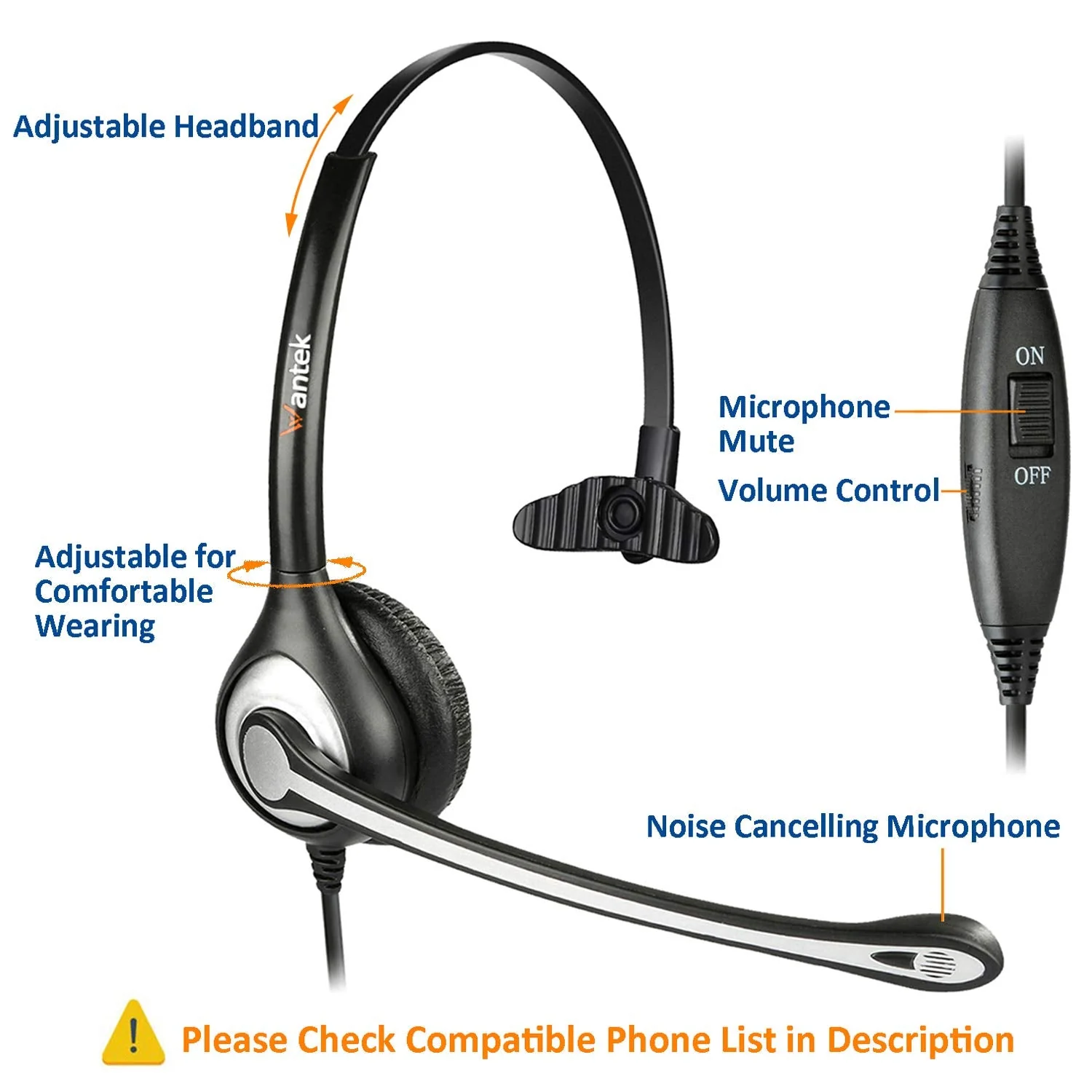 Wantek 2.5mm Telephone Headset with Mic Noise Cancelling, Office Phone Headset Compatible with AT&T ML17929 Panasonic Vtech RCA Uniden Cisco SPA Grandstream Polycom Cordless Dect Phones(F600J25) Monaural F600J25 - Image 4