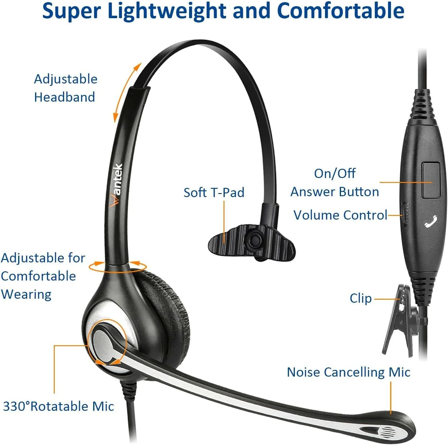 Wantek Cell Phone Headset with Microphone Noise Cancelling for Laptops, PC,3.5mm Jack,Volume Control,Wired Computer Headsets for Zoom Skype,for Office,Business, Call Center, Clear Chat 6035 - Image 4