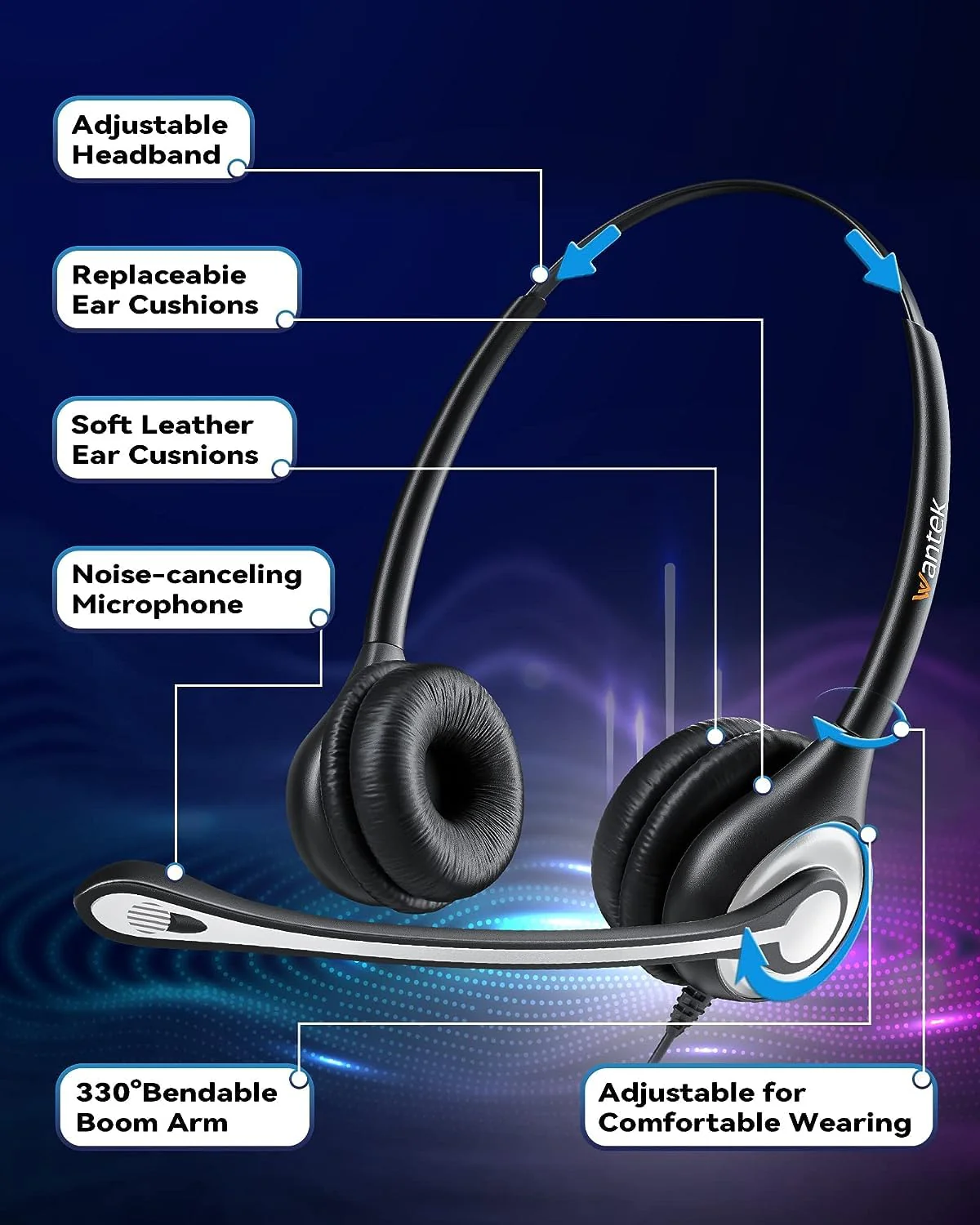 Wantek Corded Telephone Headset Dual w/Noise Canceling Mic + Quick Disconnect Compatible with ShoreTel Zultys NEC Aspire Dterm Nortel Norstar Meridian Siemens ROLM Packet8 Landline Deskphones(602QS2) Binaural QD 602QS2 - Image 5