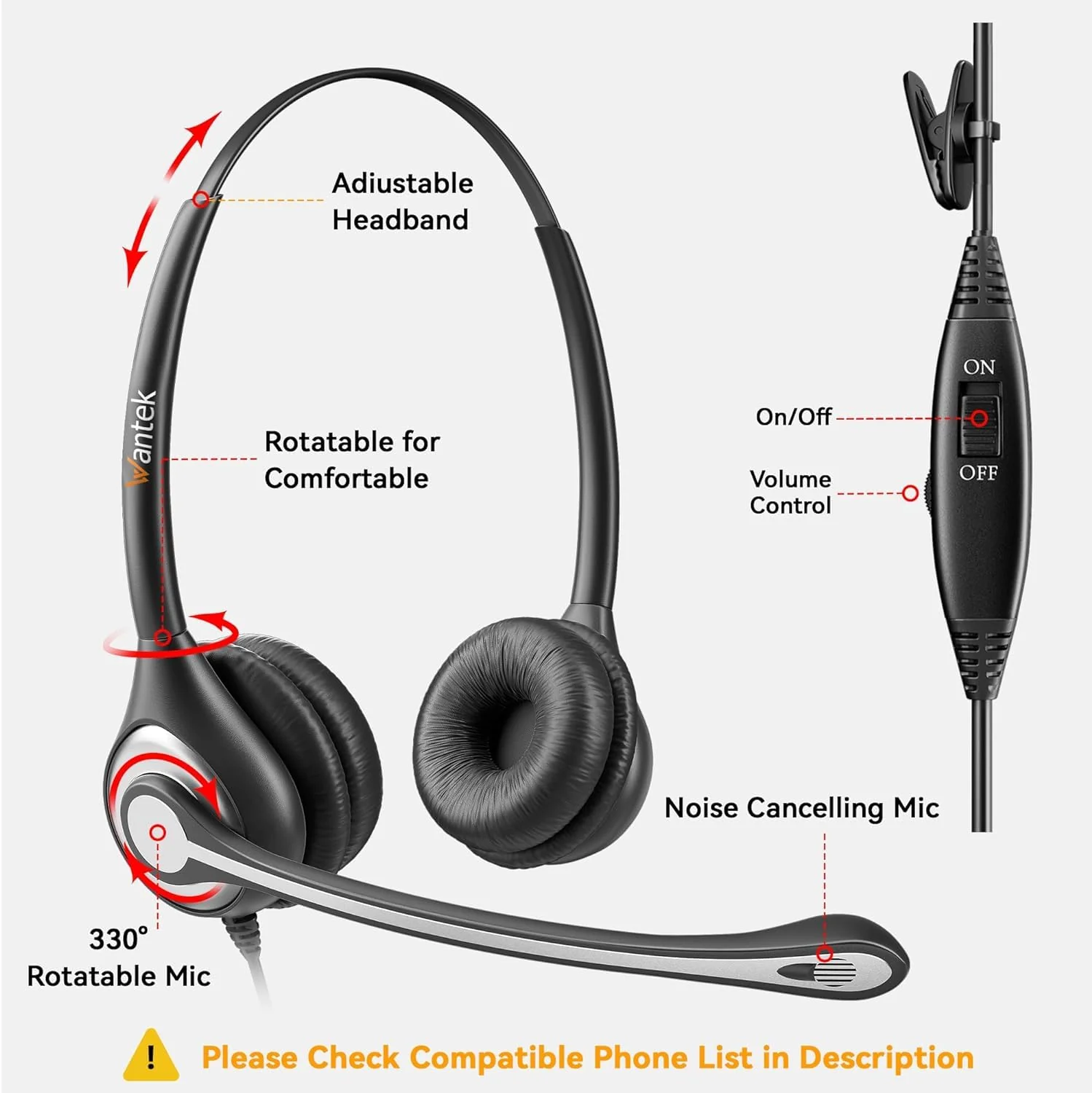 Wantek Phone Headset with Microphone Noise Cancelling,Telephone Headset 2.5mm Jack Compatible with Panasonic AT&T Uniden Cisco Linksys Grandstream Vtech Polycom Cordless Office Phones 602-2.5 - Image 4