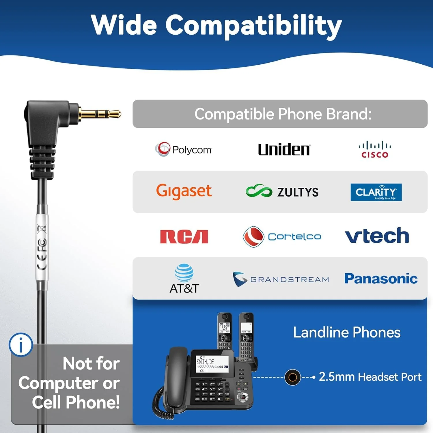 Wantek Phone Headset with Microphone Noise Cancelling, Telephone Headsets 2.5MM Jack Compatible with Panasonic AT&T RCA Vtech Uniden Dect Cisco SPA Polycom Cordless Phones for Call Center Office Work 681-2.5mm - Image 2