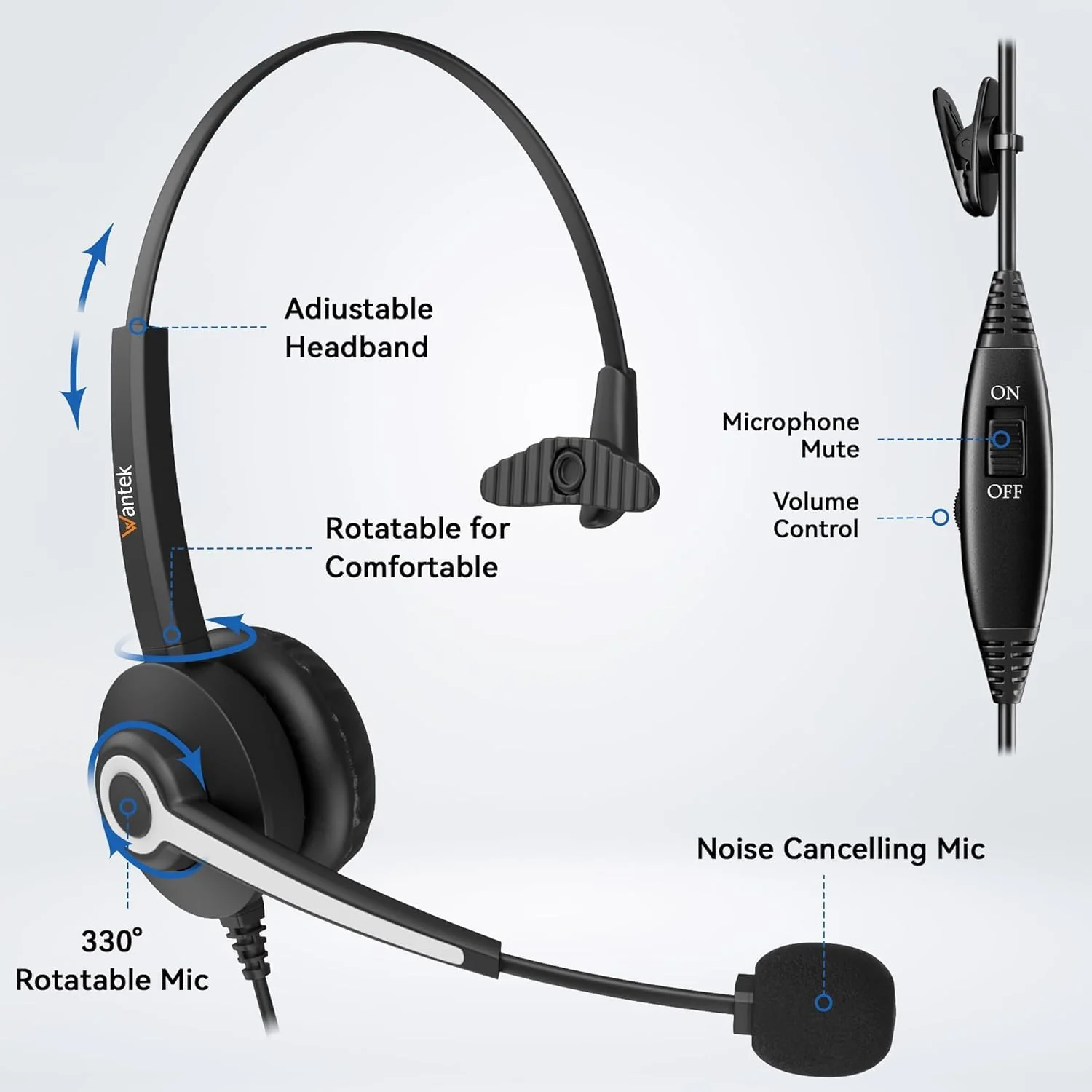 Wantek Phone Headset with Microphone Noise Cancelling, Telephone Headsets 2.5MM Jack Compatible with Panasonic AT&T RCA Vtech Uniden Dect Cisco SPA Polycom Cordless Phones for Call Center Office Work 681-2.5mm - Image 4