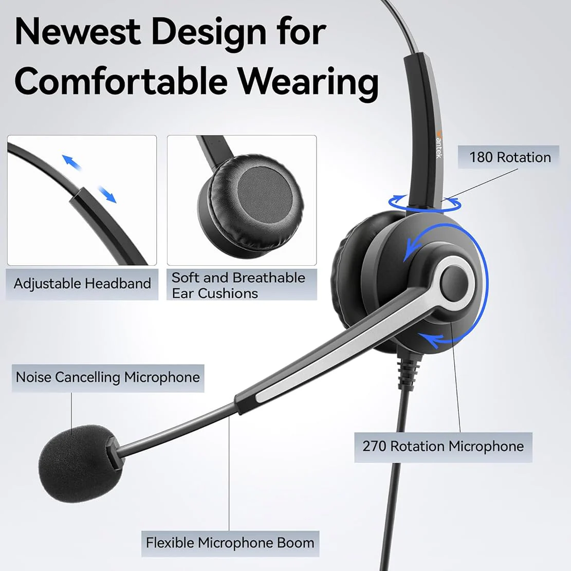 Wantek USB-A/USB C/3.5mm Jack 3-in-1 PC Headset, Wired & Noise with Noise-Cancelling Microphone for Laptop - Type-C Computer Headphones with Mic in-line Control for Home Dark Black - Image 7