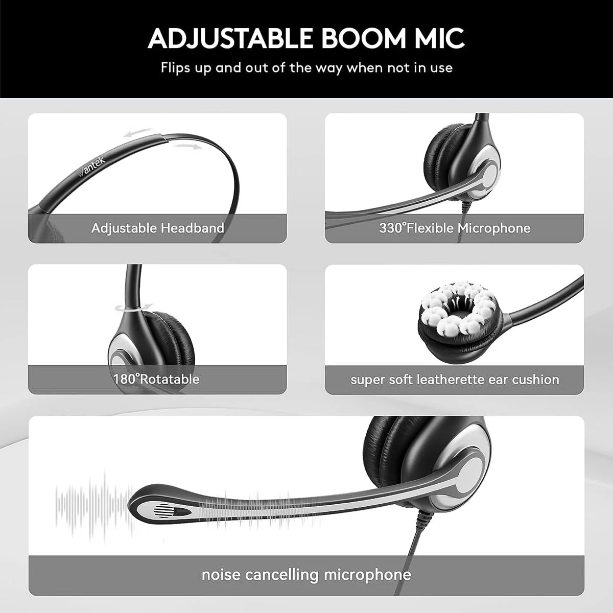 Wantek USB Computer Headset with Microphone for Laptop PC,3.5mm Wired Stereo Call Center Headset with Microphone Noise Cancelling, Corded Desktop Headphones with Mic & Mute 600USB-W-S1 - Image 6