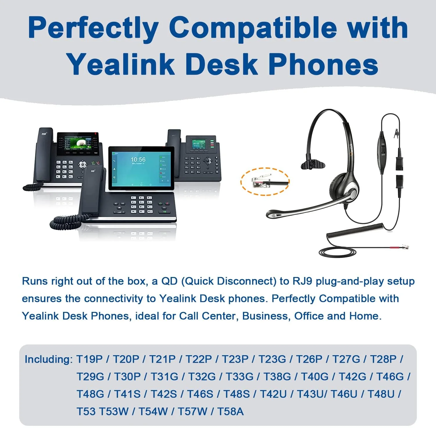Wantek Yealink Phone Headset with Quick Disconnect Cord, RJ9 Office Telephone Headsets with Mic Noise Cancelling Compatible with Yealink VoIP Phone T21P T42S T46S T48S T27G T53W T54W Grandstream Snom Monaural Black - Image 3