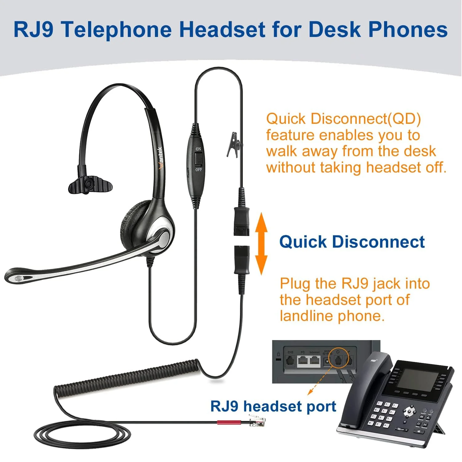 Wantek Yealink Phone Headset with Quick Disconnect Cord, RJ9 Office Telephone Headsets with Mic Noise Cancelling Compatible with Yealink VoIP Phone T21P T42S T46S T48S T27G T53W T54W Grandstream Snom Monaural Black - Image 4
