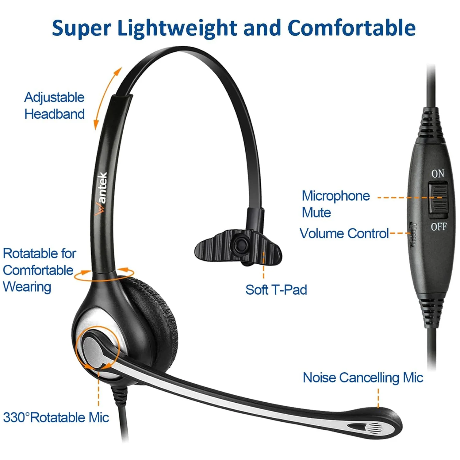 Wantek Yealink Phone Headset with Quick Disconnect Cord, RJ9 Office Telephone Headsets with Mic Noise Cancelling Compatible with Yealink VoIP Phone T21P T42S T46S T48S T27G T53W T54W Grandstream Snom Monaural Black - Image 5