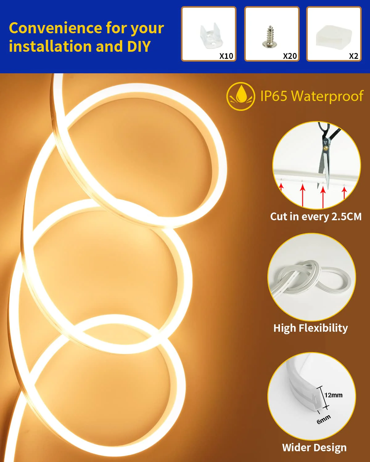 Warm White Neon LED Strip Light, DC 12V 600 SMD2835 LED Neon Rope Lights,Upgraded 16.4ft/5m Led Light Strips Flexible waterproof for Indoor/Outdoors Home Decoration/DIY Warm White - Image 2