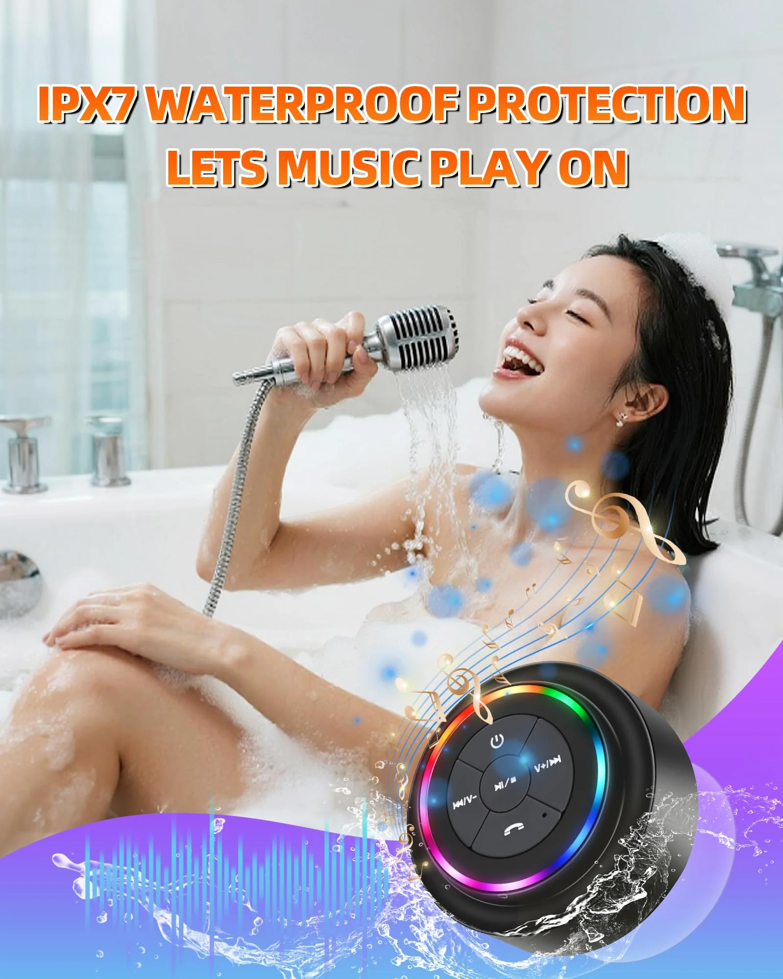 Waterproof Bluetooth Shower Speaker, Portable Wireless Speaker with Suction Cup, Small Portable Wireless Outdoor Speakers, 6 Mode RGB Lights, for Shower Bathroom Pool Beach, Gift Ideas for Christmas - Image 2