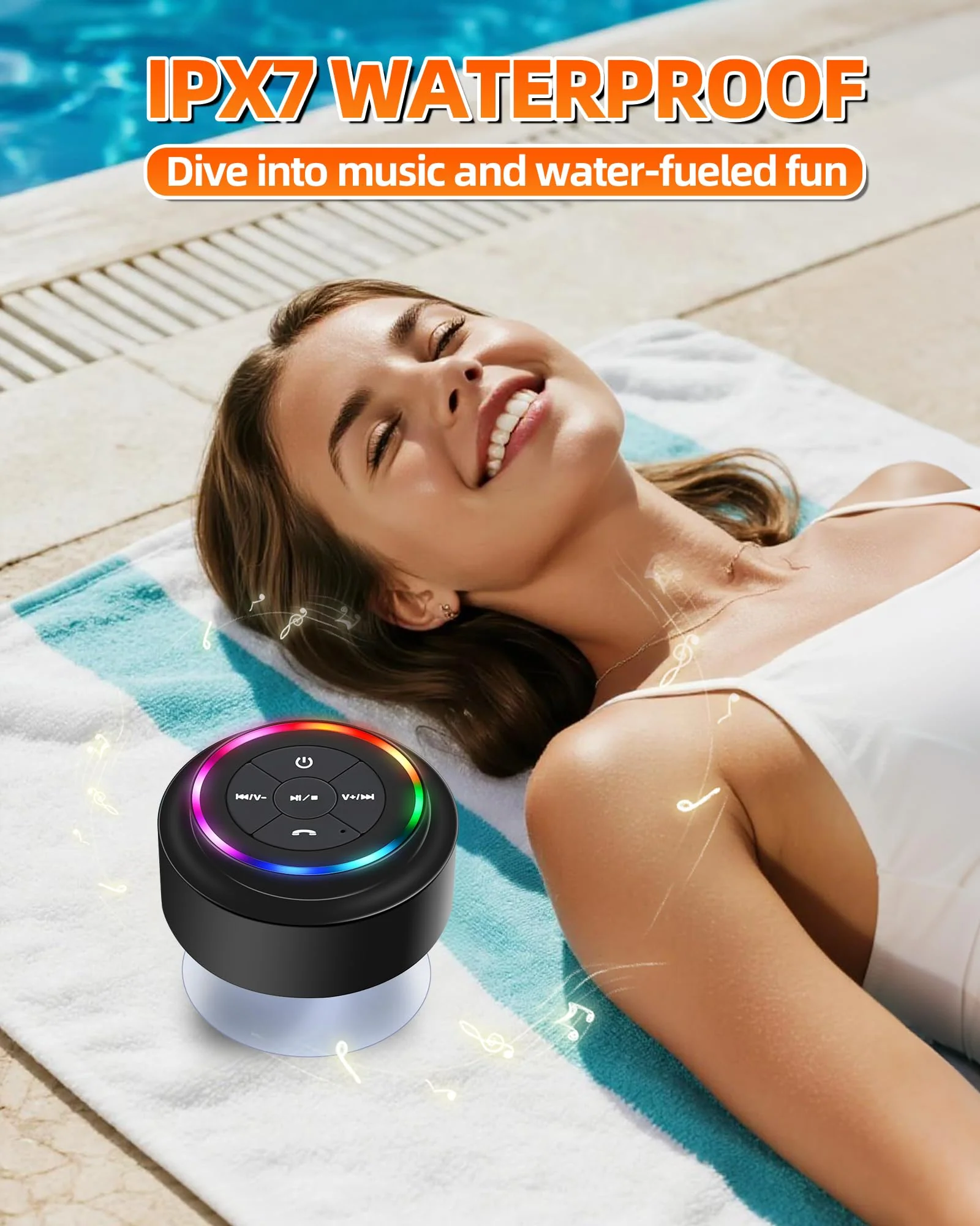Waterproof Bluetooth Shower Speaker, Portable Wireless Speaker with Suction Cup, Small Portable Wireless Outdoor Speakers, 6 Mode RGB Lights, for Shower Bathroom Pool Beach, Gift Ideas for Christmas - Image 3