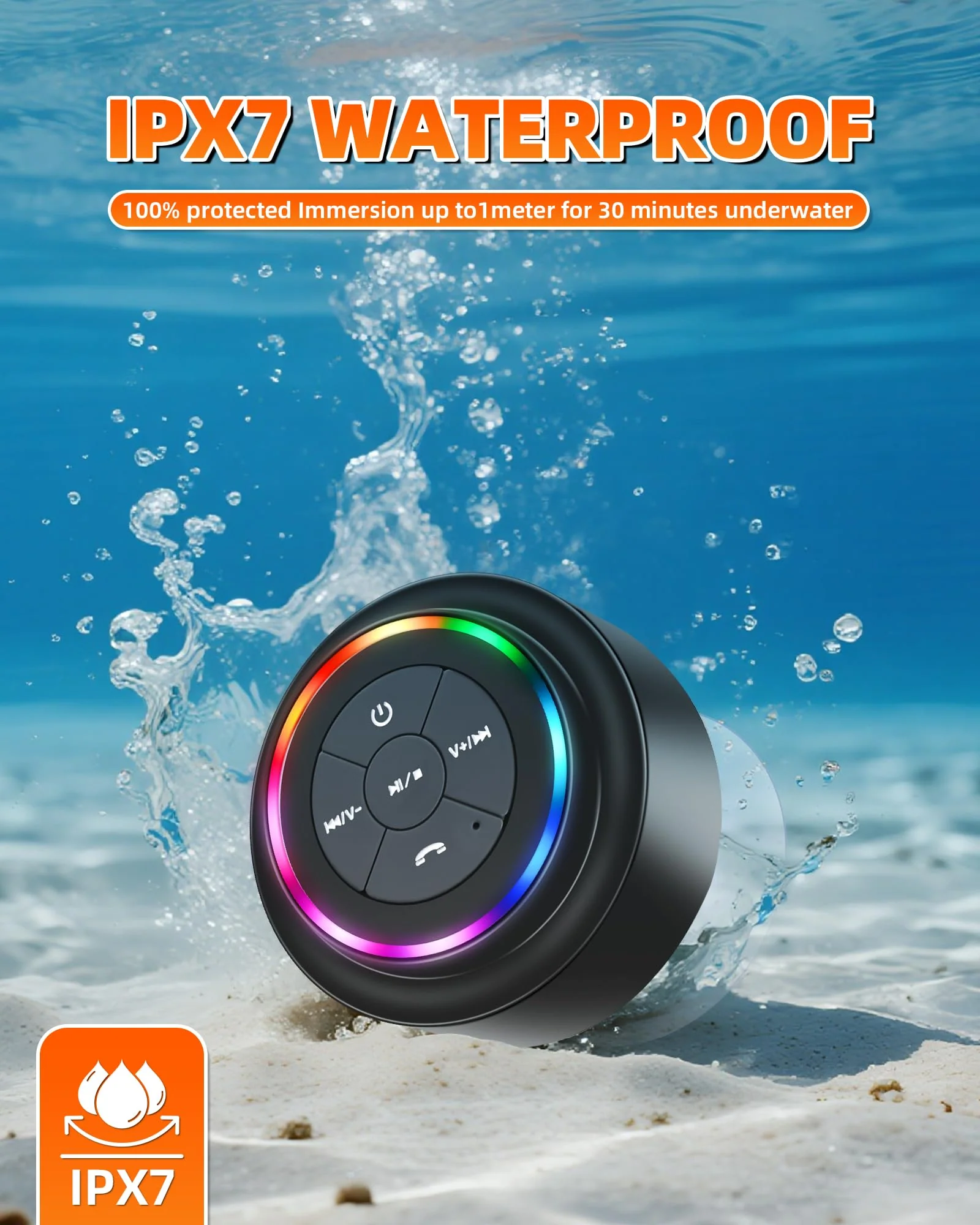 Waterproof Bluetooth Shower Speaker, Portable Wireless Speaker with Suction Cup, Small Portable Wireless Outdoor Speakers, 6 Mode RGB Lights, for Shower Bathroom Pool Beach, Gift Ideas for Christmas - Image 5