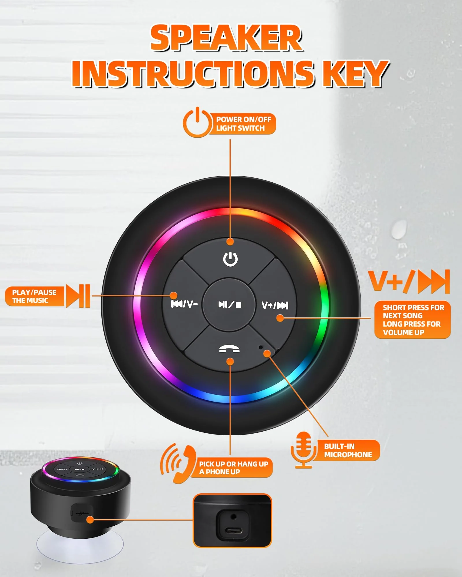 Waterproof Bluetooth Shower Speaker, Portable Wireless Speaker with Suction Cup, Small Portable Wireless Outdoor Speakers, 6 Mode RGB Lights, for Shower Bathroom Pool Beach, Gift Ideas for Christmas - Image 6