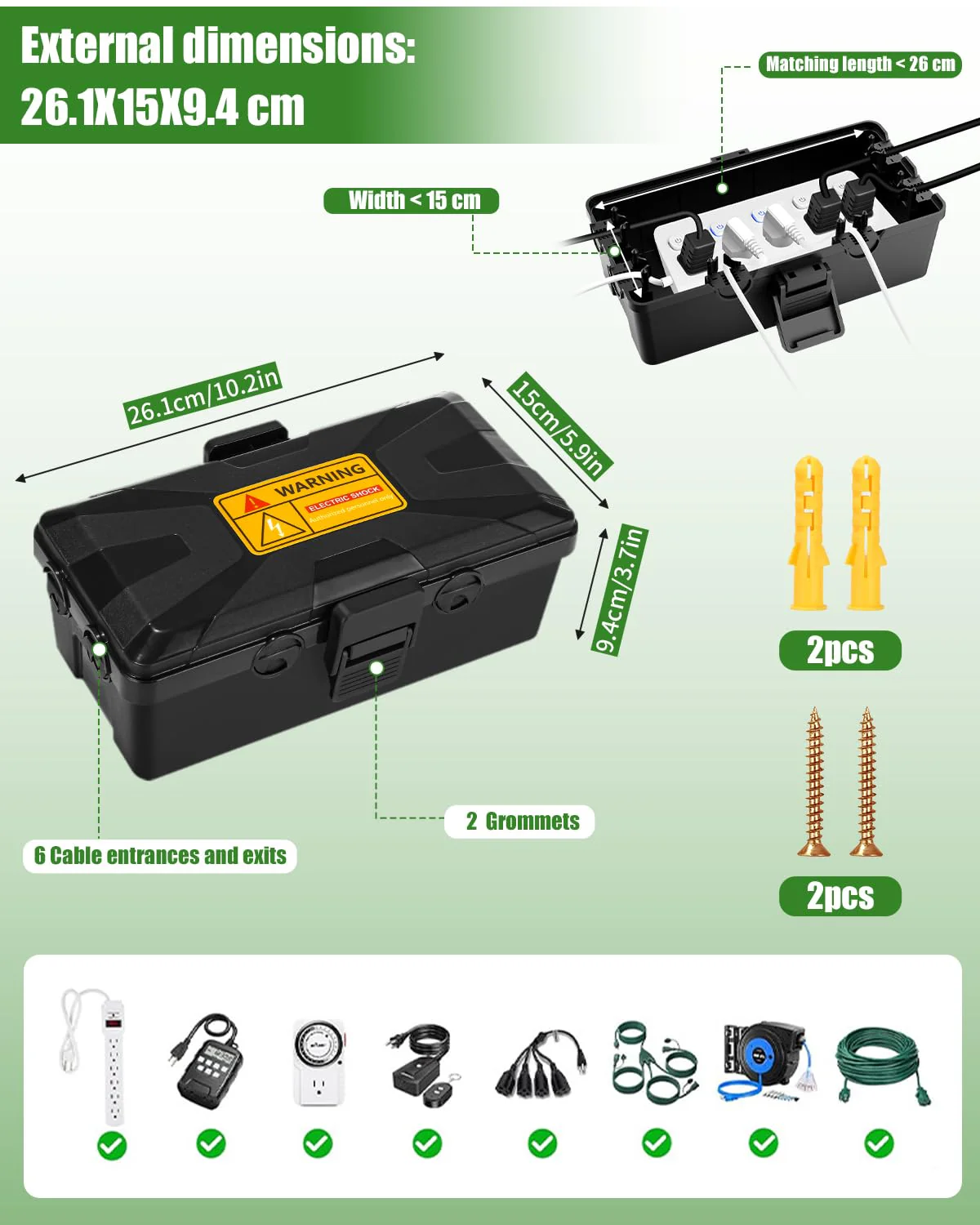 Waterproof Cable Box, 26.1 x 15 x 9.4 cm, Outdoor Cable Safe Box, Cable Box, Cable Box, 6 Cable Inputs and Outputs, Weatherproof Connection Box Covers, Protect Socket, Timer, Holiday Light, Black black + 26 x 15 x 9.4 cm - Image 2