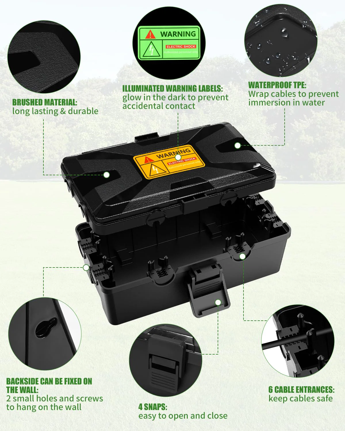 Waterproof Cable Box, 26.1 x 15 x 9.4 cm, Outdoor Cable Safe Box, Cable Box, Cable Box, 6 Cable Inputs and Outputs, Weatherproof Connection Box Covers, Protect Socket, Timer, Holiday Light, Black black + 26 x 15 x 9.4 cm - Image 3