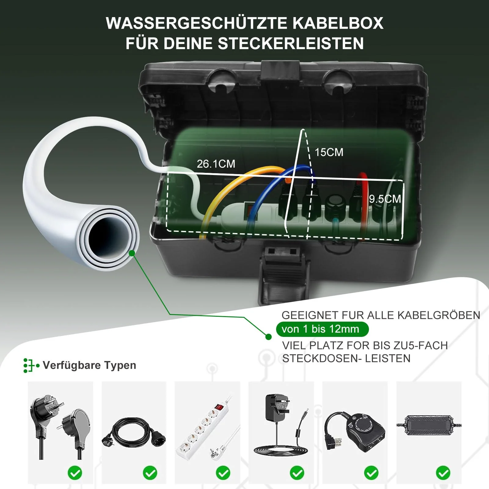 Waterproof Cable Box, Garden Cable Box, Waterproof for Outdoor Use, IP54 Safe Box, Safety Box, Weatherproof Cable Box, Extension Cable Covers, Protect Socket, Timer, Plug mittelgroß - Image 2