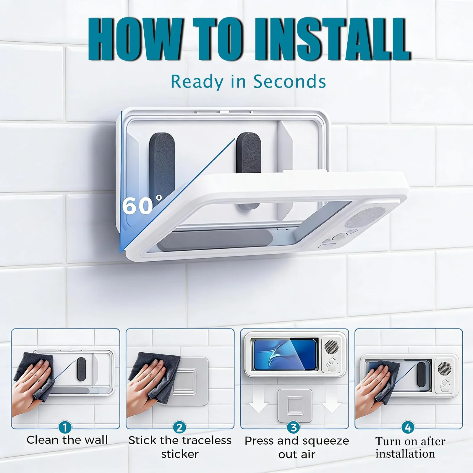 Waterproof Shower Phone Holder with Bluetooth Speaker, IPX4 Anti-Fog 360° Rotatable Suction Mount for Bathroom Kitchen - Image 3