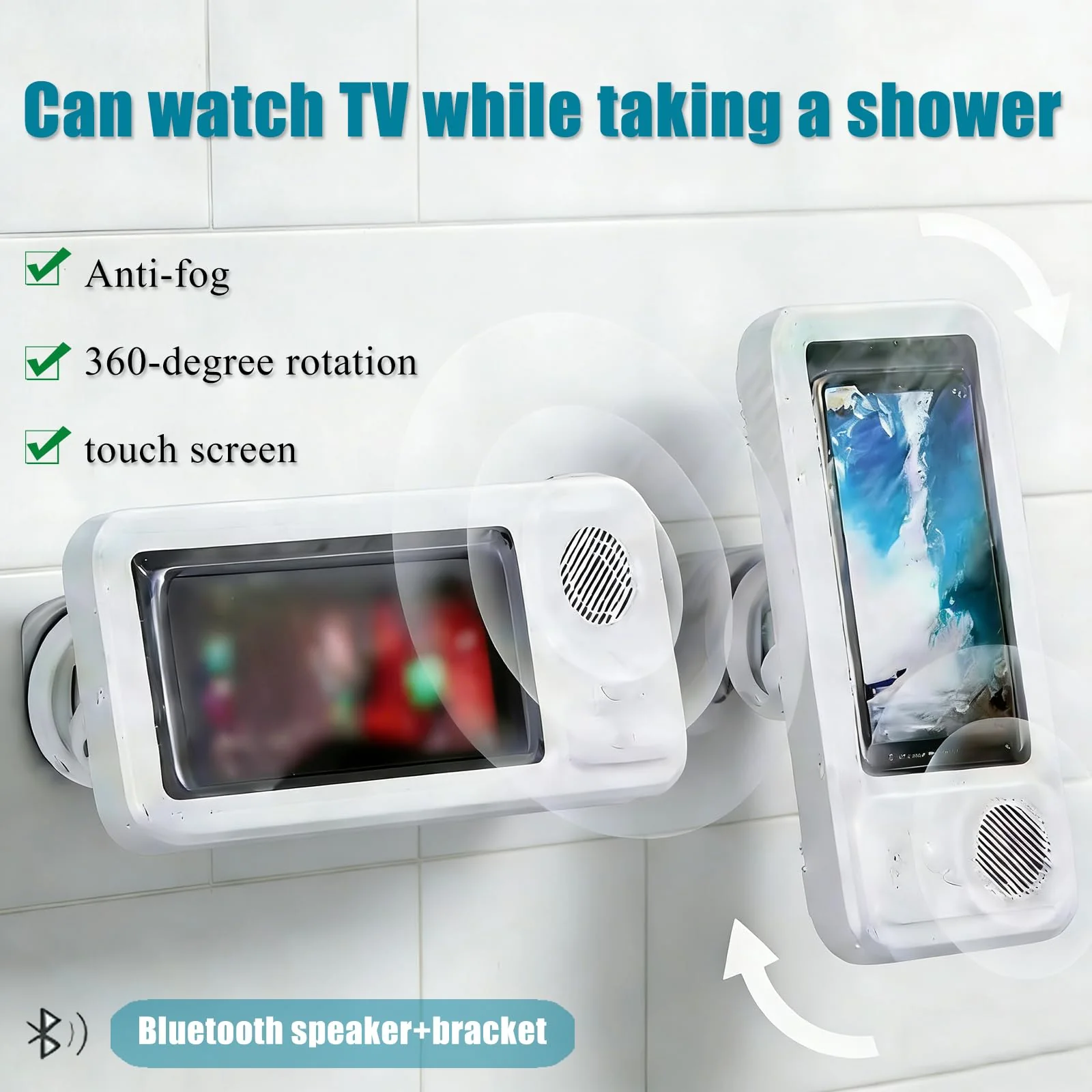 Waterproof Shower Phone Holder with Bluetooth Speaker, IPX4 Anti-Fog 360° Rotatable Suction Mount for Bathroom Kitchen - Image 4
