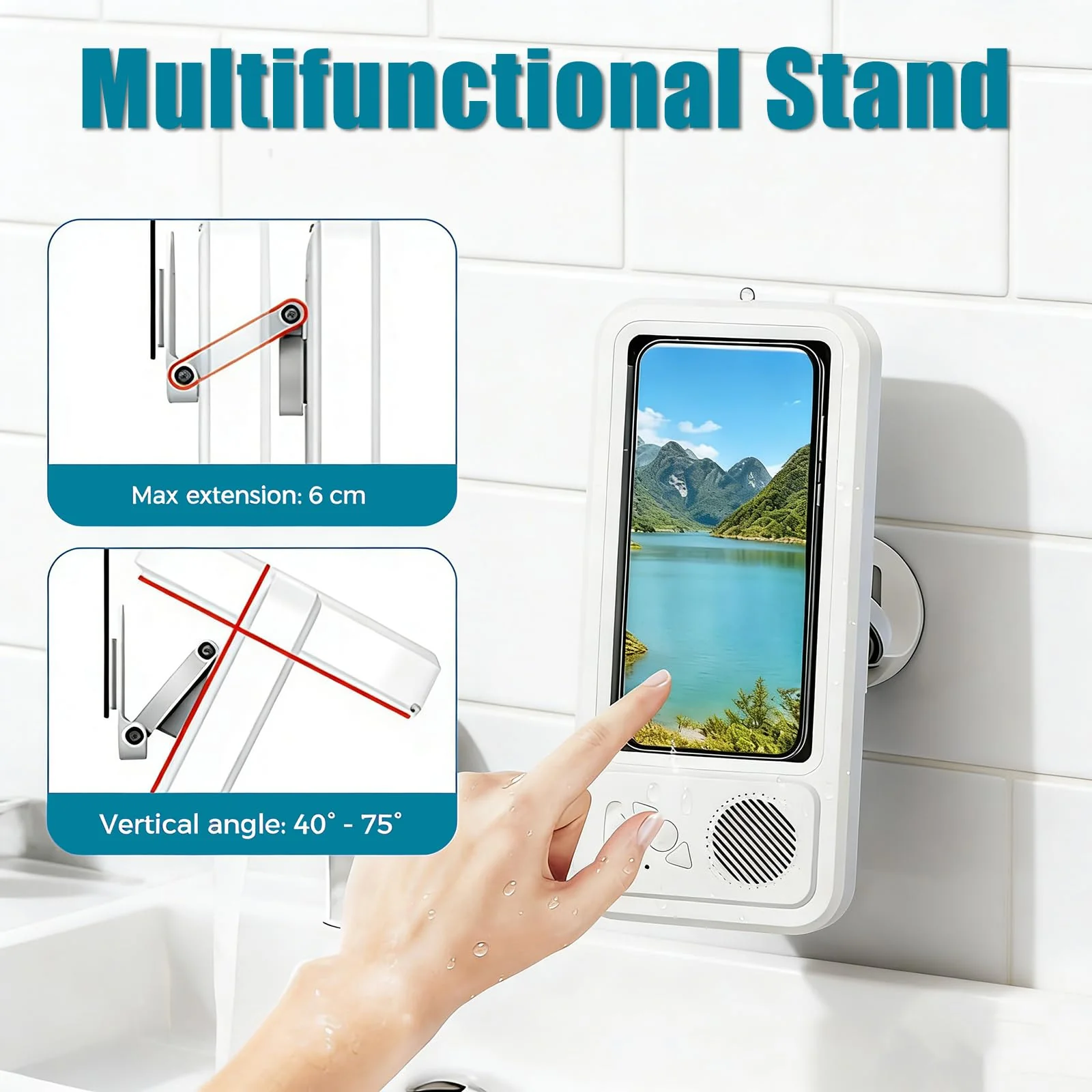Waterproof Shower Phone Holder with Bluetooth Speaker, IPX4 Anti-Fog 360° Rotatable Suction Mount for Bathroom Kitchen - Image 6