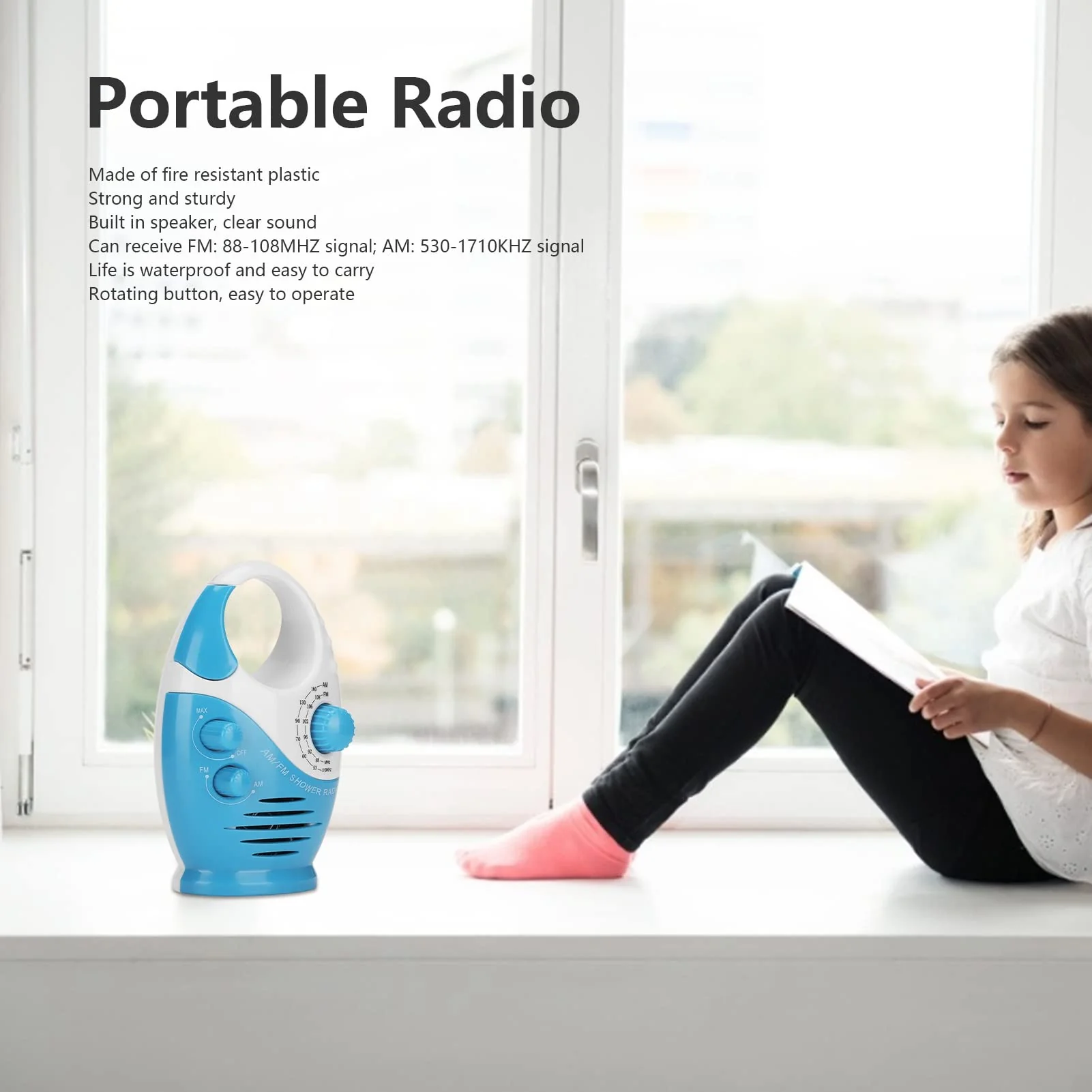 Waterproof Shower Radio, AM/FM Radio with Adjustable Volume Speakers, Battery Powered Portable Speakers with Hook Handle for Shower Rooms Bedside Tables Garages Blue - Image 2