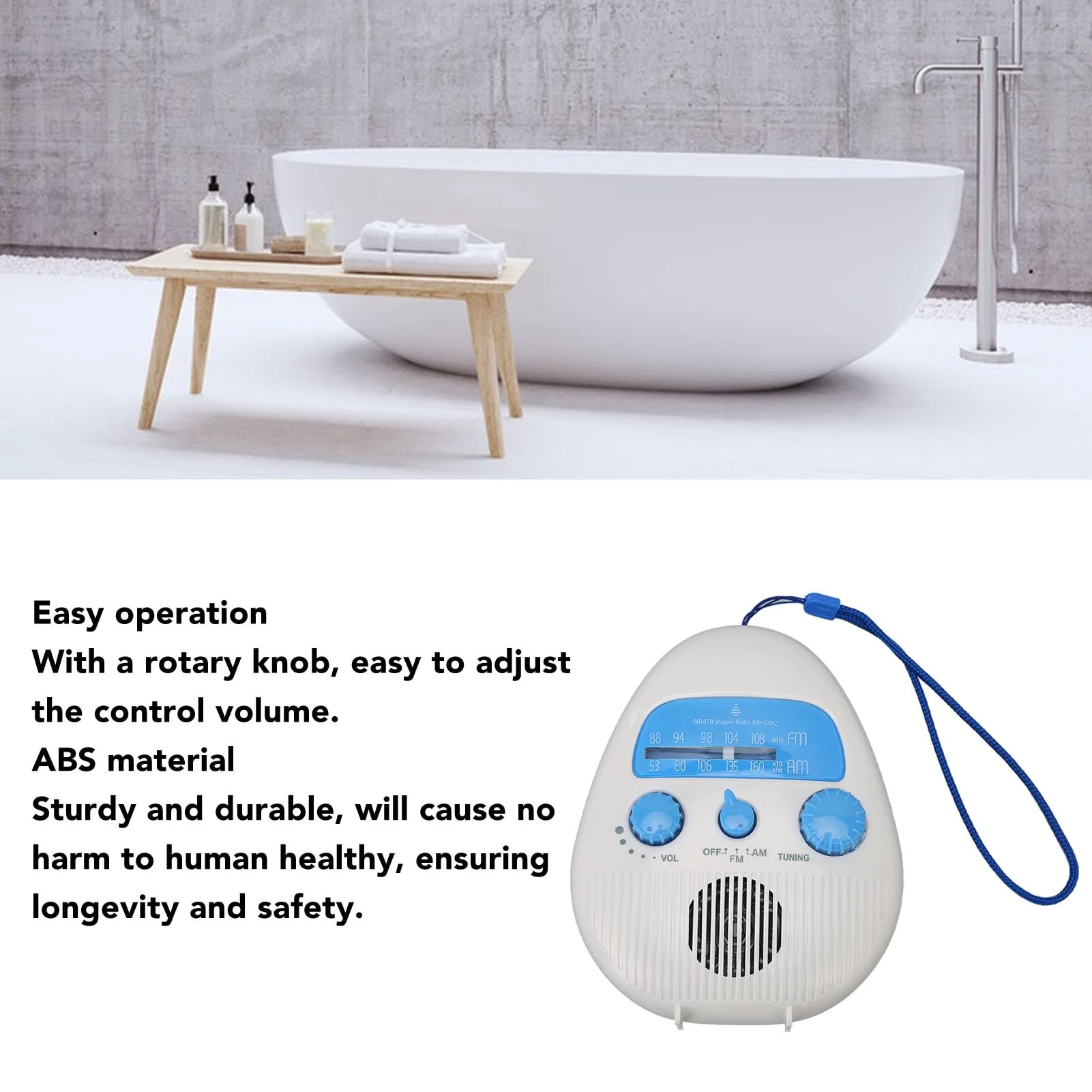 Waterproof Shower Radio, Waterproof AM FM Radio, Portable ABS Bathroom Radio Built in Speaker Battery Operated Shower Radio - Image 4