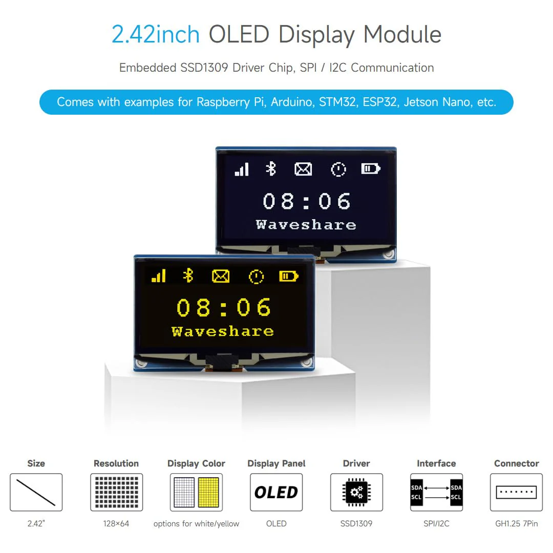 Waveshare 2.42 inch OLED Display Module Panel 128 x 64 Resolution SPI / I2C Communication White Colour Version Compatible with Raspberry Pi Jetson Nano - Image 3