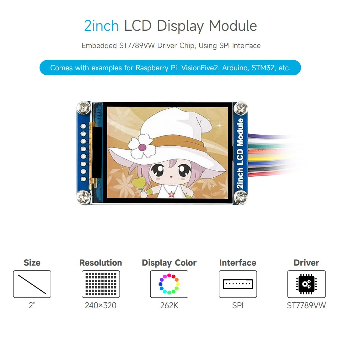 Waveshare 2inch LCD Display Module, Compatible with Raspberry Pi/Pi zero/Arduino/Esp32, with ST7789 Driver, 262K Color, IPS Screen, 240×320 Resolution, SPI Interface - Image 3