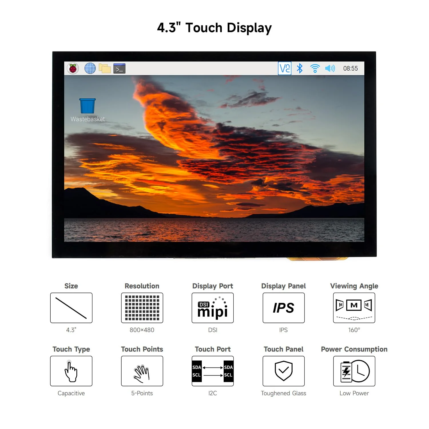 waveshare 4.3inch Capacitive Touch Display Compatible with Raspberry Pi 5/4B/3B+/3A+/3B/2B/B+/A+/CM3/3+/4 800×480 Resolution IPS Wide Angle MIPI DSI Interface 4.3inch DSI LCD - Image 3