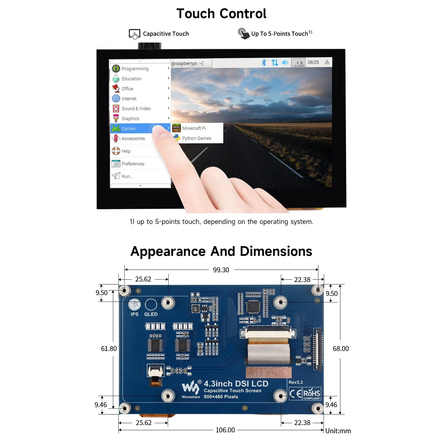 waveshare 4.3inch Capacitive Touch Display Compatible with Raspberry Pi 5/4B/3B+/3A+/3B/2B/B+/A+/CM3/3+/4 800×480 Resolution IPS Wide Angle MIPI DSI Interface 4.3inch DSI LCD - Image 6